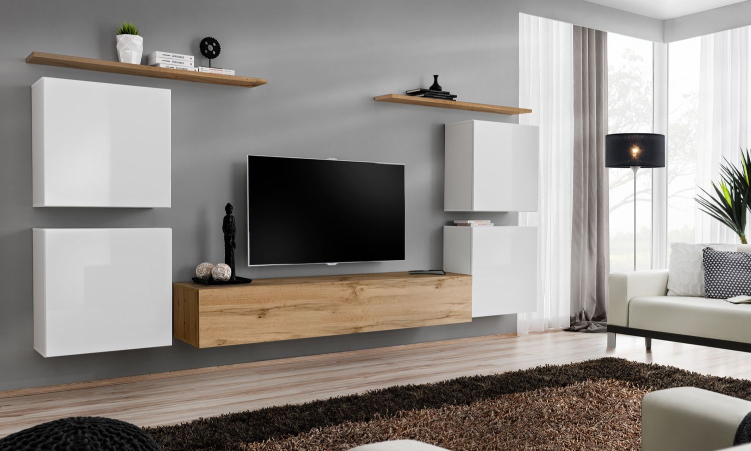 Hängende Wohnwand Switch IV in Weiß und Wotan 320 x 160 cm 7-teilig Bild 1