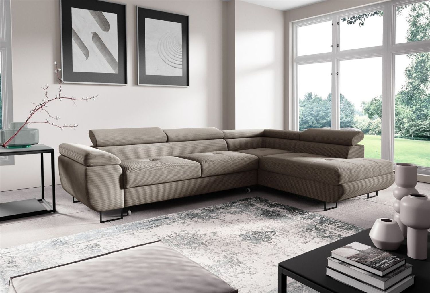 Ecksofa mit Schlaffunktion DECLAN Stoff Poso Beige Ottomane Rechts Bild 1