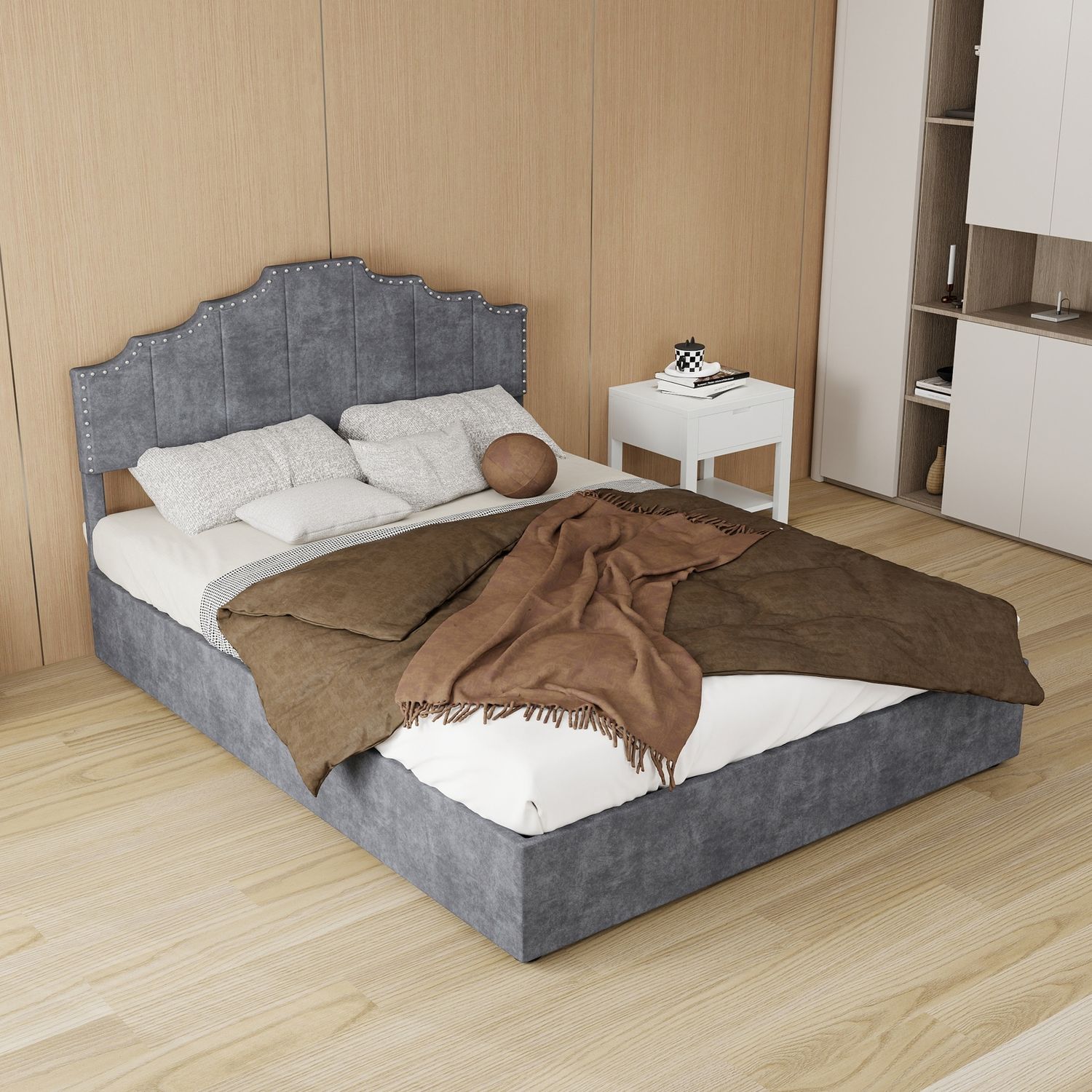 Bett 140×200 cm mit geometrischem Kopfteil und Ziernägeln, Grau Bild 1