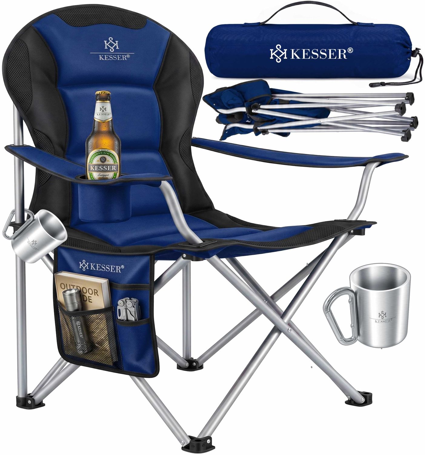 KESSER® Campingstuhl faltbar bis 150 kg Angelstuhl Faltstuhl Klappstuhl Gepolstert mit Armlehnen, Getränkehalter + Tasche mit hoher Rückenlehne, Strandstuhl, Klapphocker Navyblau / Schwarz Bild 1