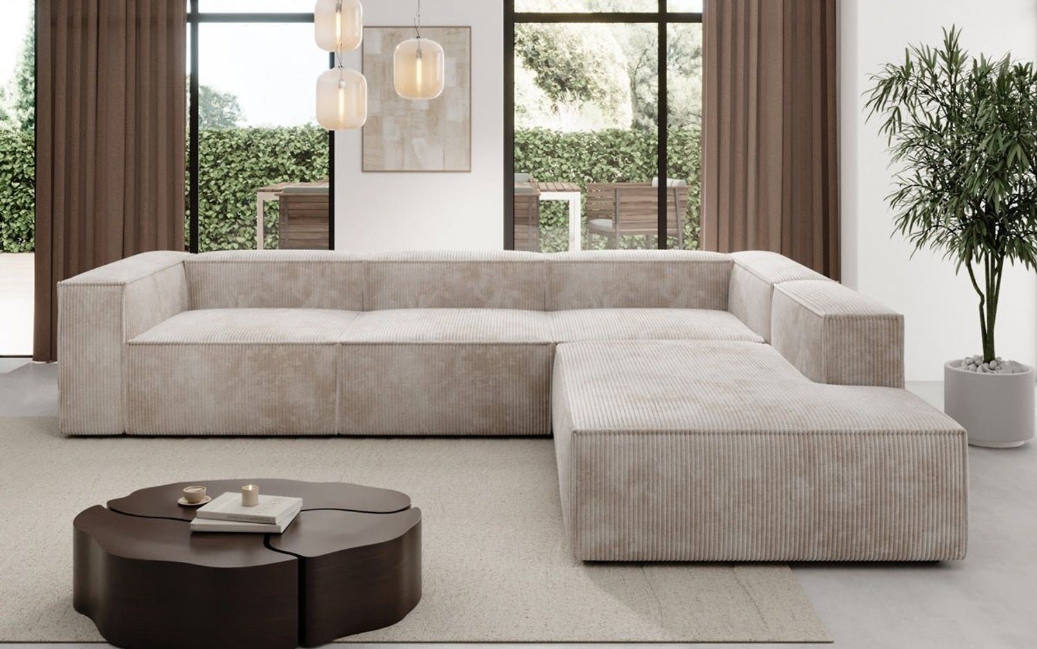 Luxusbetten24 Sofa Designer Sofa Lesley L in Cord, mit langer Ottomane Bild 1