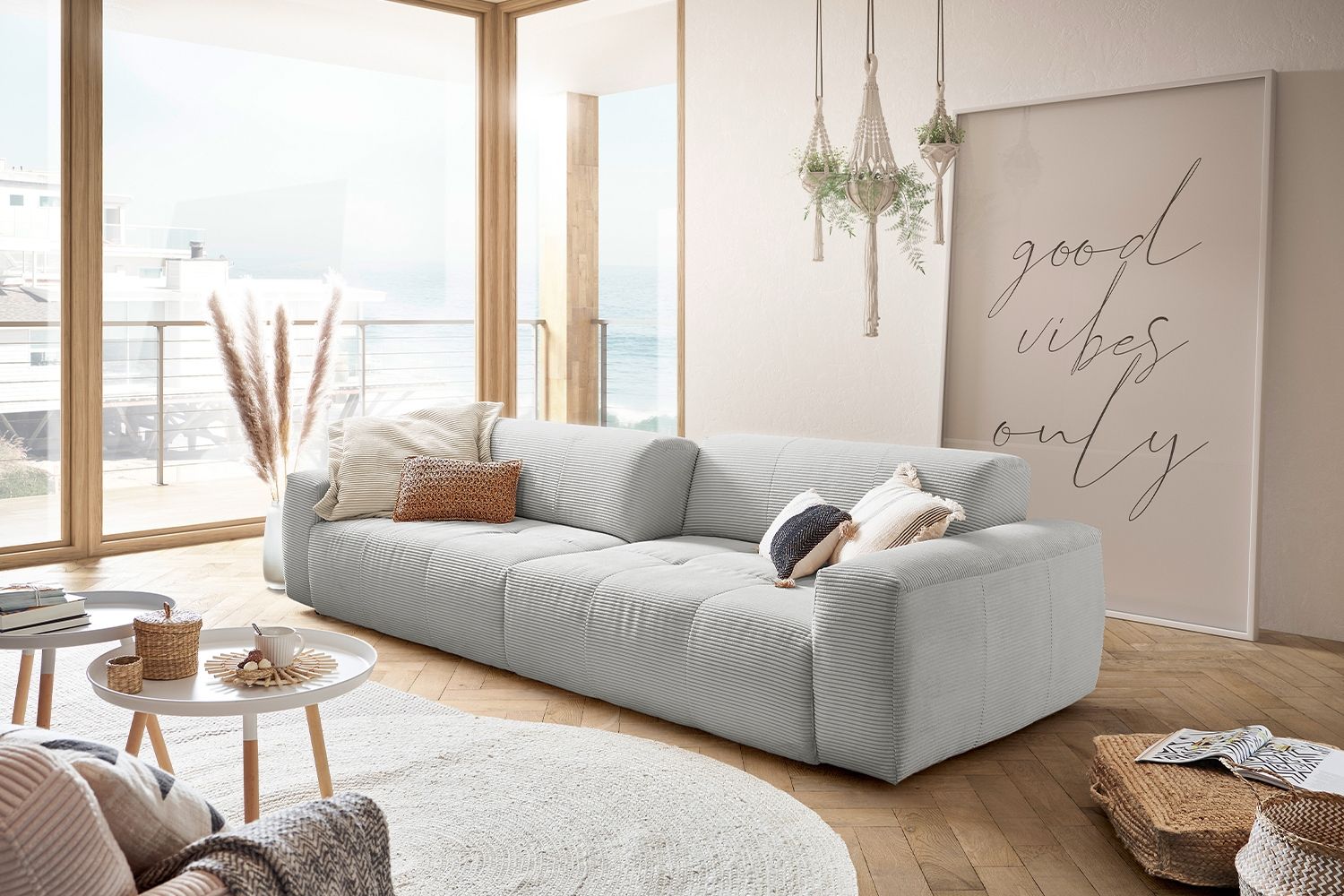KAWOLA Big Sofa PALACE 3-Sitzer mit Sitztiefenverstellung Cord hellgrau 74 x 120 x 298 cm Bild 1