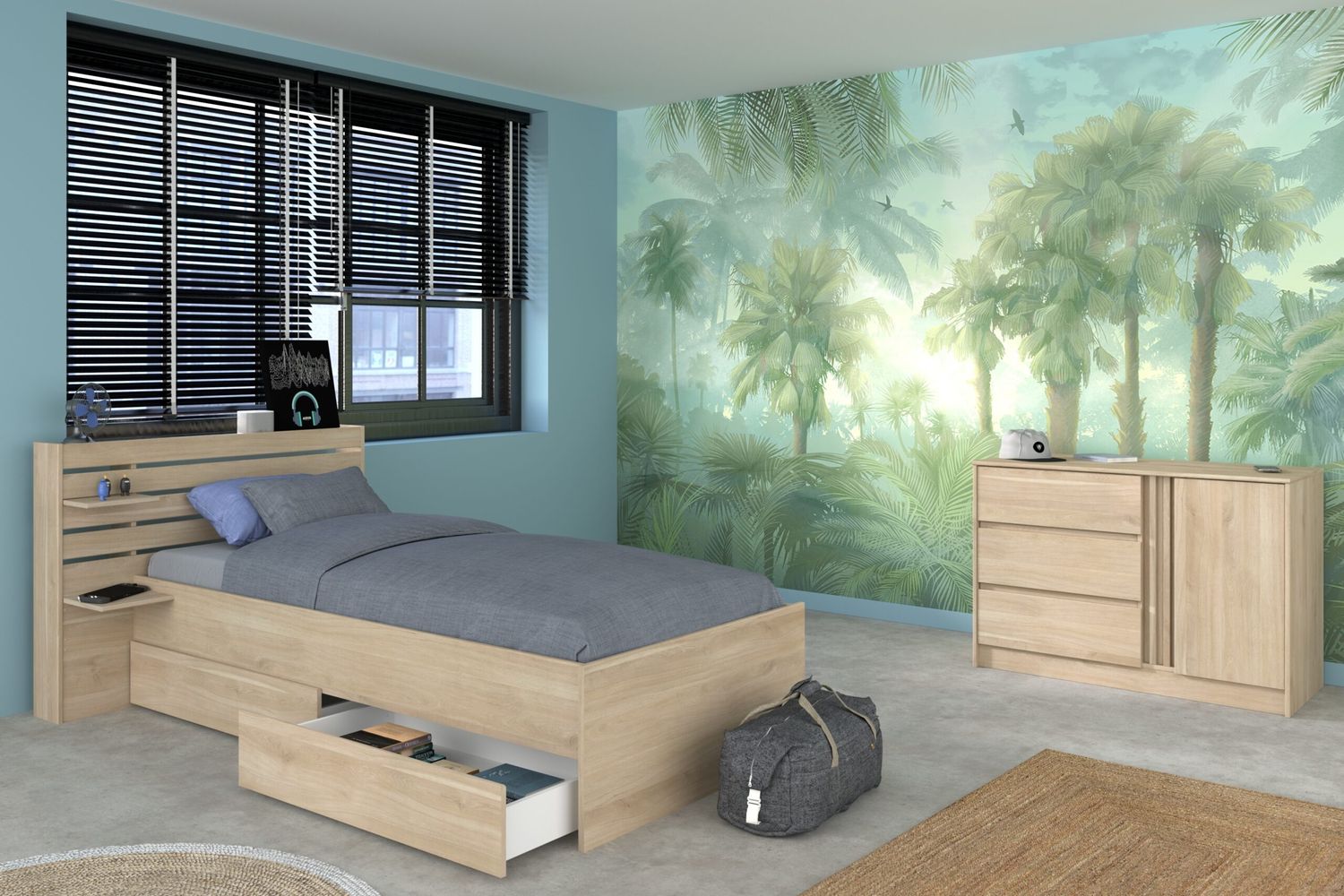 Stauraumbett Escale von Parisot Funktionsbett in Japanische Eiche mit Stauraum komplett Set – verschiedene Bettgrößen wählbar - Stauraumbett mit Kommode , 90 x 200 cm Bild 1