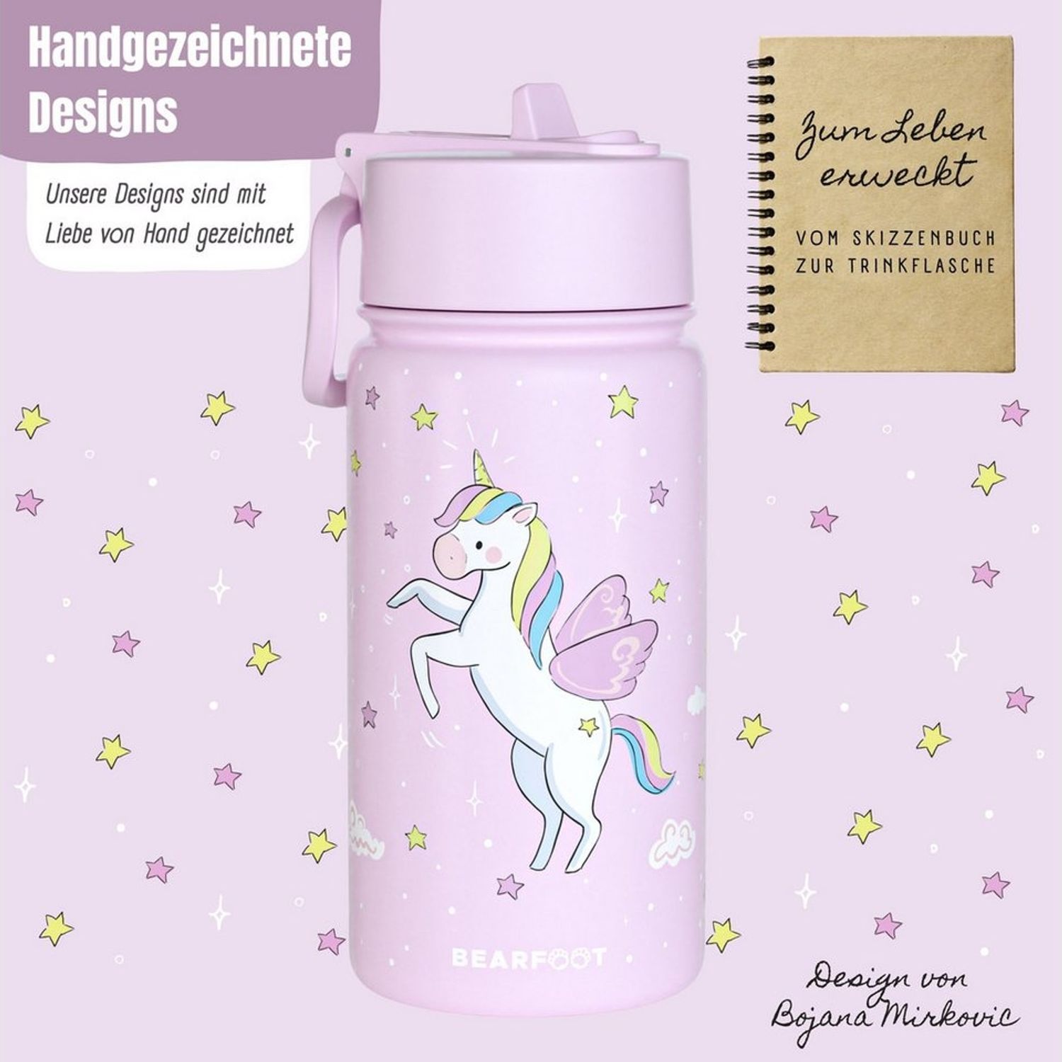 BEARFOOT Trinkflasche Thermo Kinder Trinkflasche Edelstahl - Einhorn lila, Thermosflasche, auslaufsicher, Edelstahl, Kinderflasche, BPA-frei Bild 1