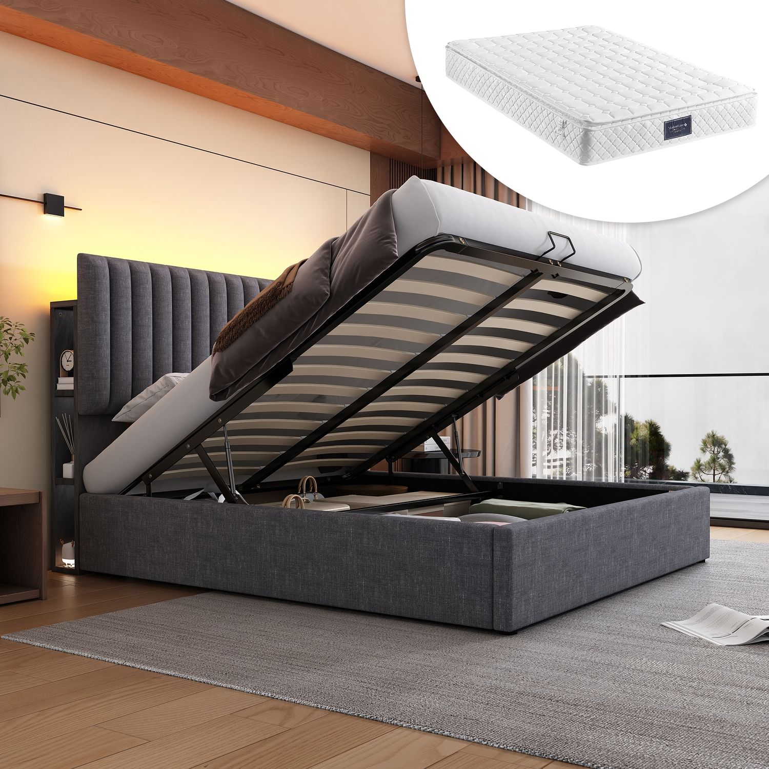 Polsterbett 160×200 cm mit Bettkasten, LED & USB/Type-C, verstellbares Kopfteil, Grau, mit Matratze Bild 1
