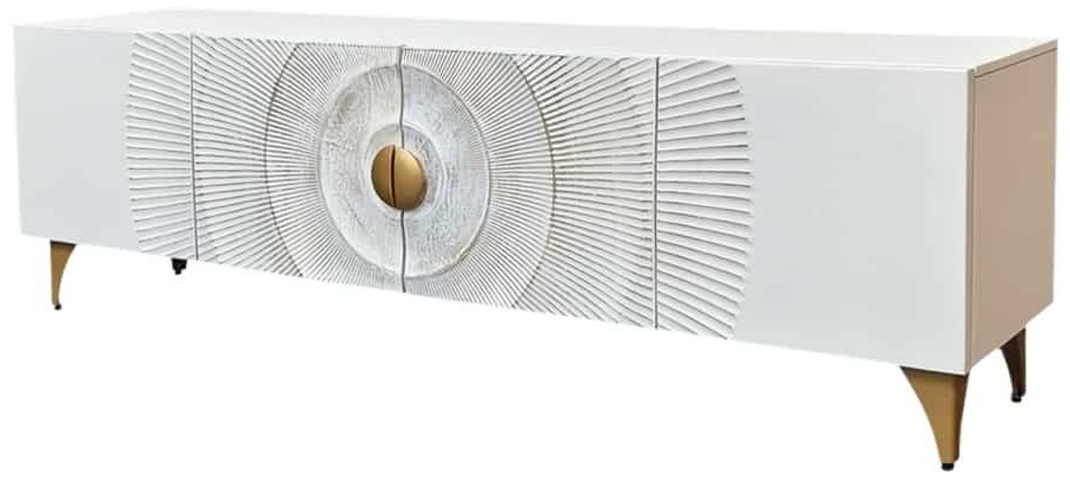 riess-ambiente Lowboard GOLDEN SUNSET 180cm weiß / gold - Mango, Massivholz, 3D Schnitzereien (Einzelartikel, 1 St), TV-Schrank mit Metallfüßen - ideal für Gäste-, Schlaf & Wohnzimmer Bild 1