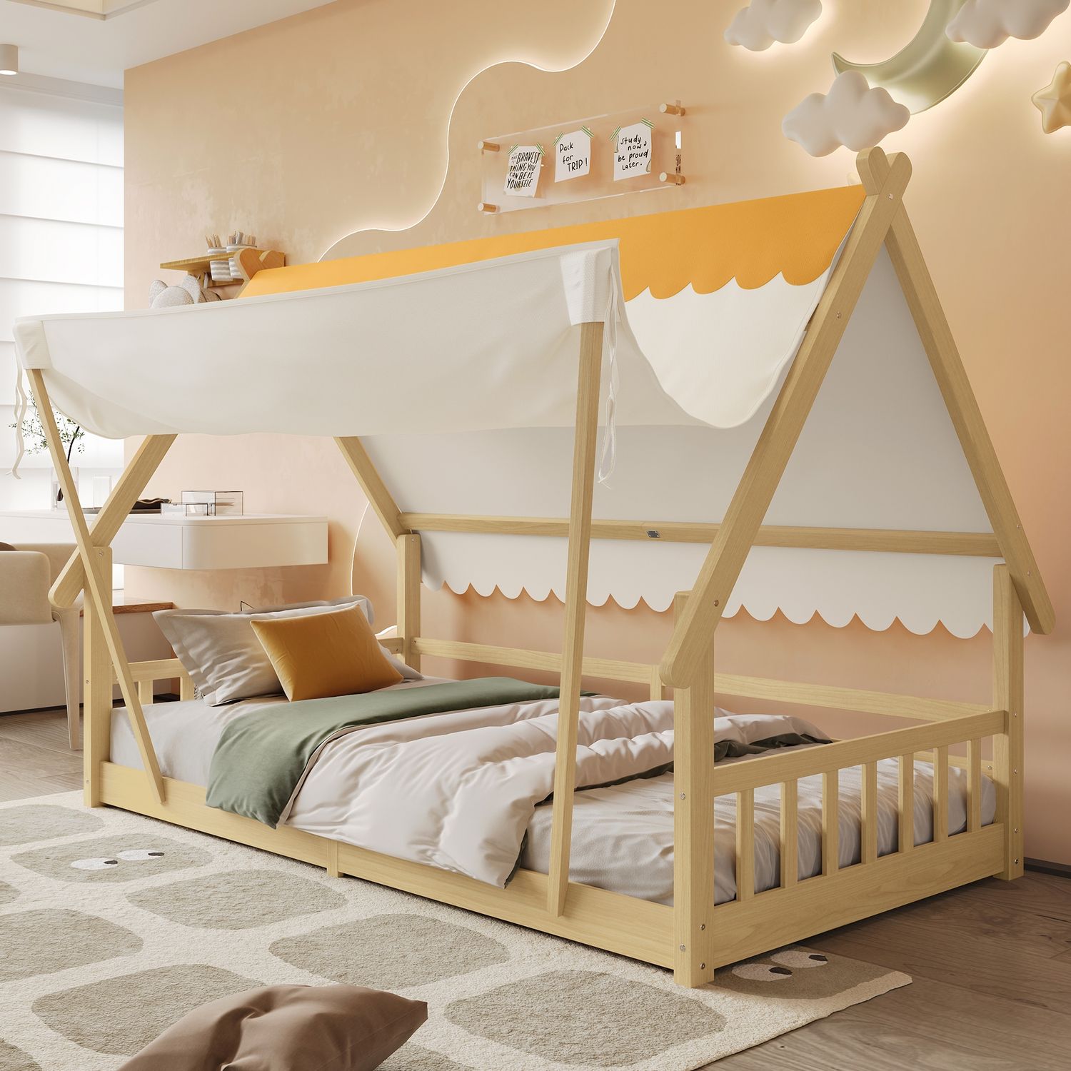 Kinderbett 90×200 cm im Hausdesign mit Rausfallschutz, abnehmbarem Zelt, Weiß/Natur, ohne Matratze Bild 1