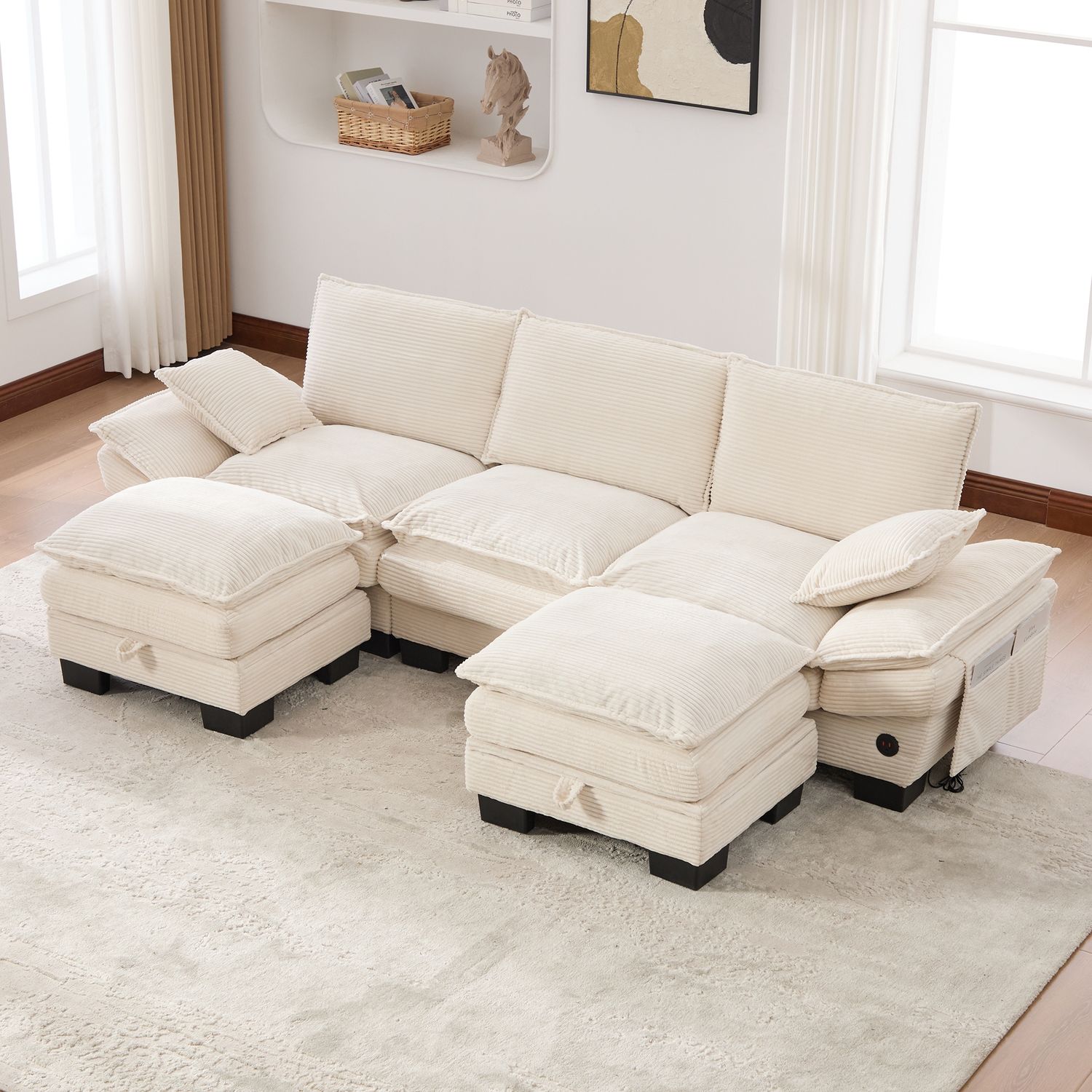 Modulares 3-Sitzer Sofa B 260 x T 132 x H 84 cm aus Cord mit USB-C und 2 Hockern Bild 1