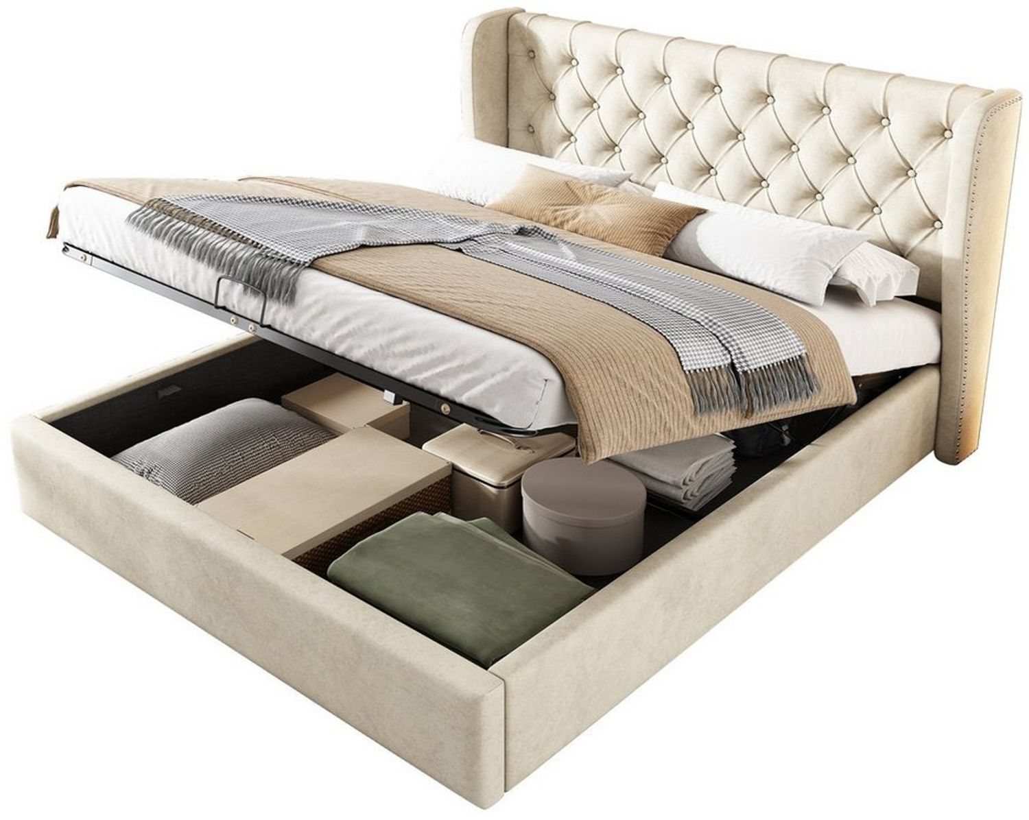 REDOM Polsterbett Doppelbett Bett Stauraumbett Jugendbett gepolsteres Bettgestell (Massivholz Untergestell mit Hydraulisch anhebbarer Bettstauraum, Samt Bezug Funktionsbett mIt Staufächer 180x200 cm Ohne Matratze), mit weichem Kopfteil Schaum-Polsterun... Bild 1