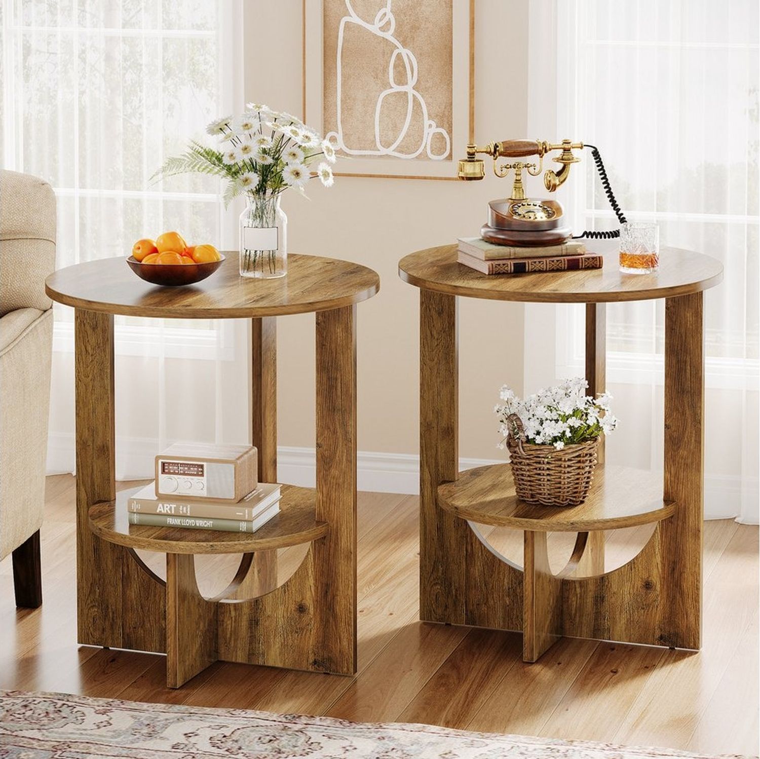 Tribesigns Konsolentisch Sofatisch Rund, 2-Tier Nachttisch für Wohnzimmer, 50 x 50 x 65 cm Bild 1