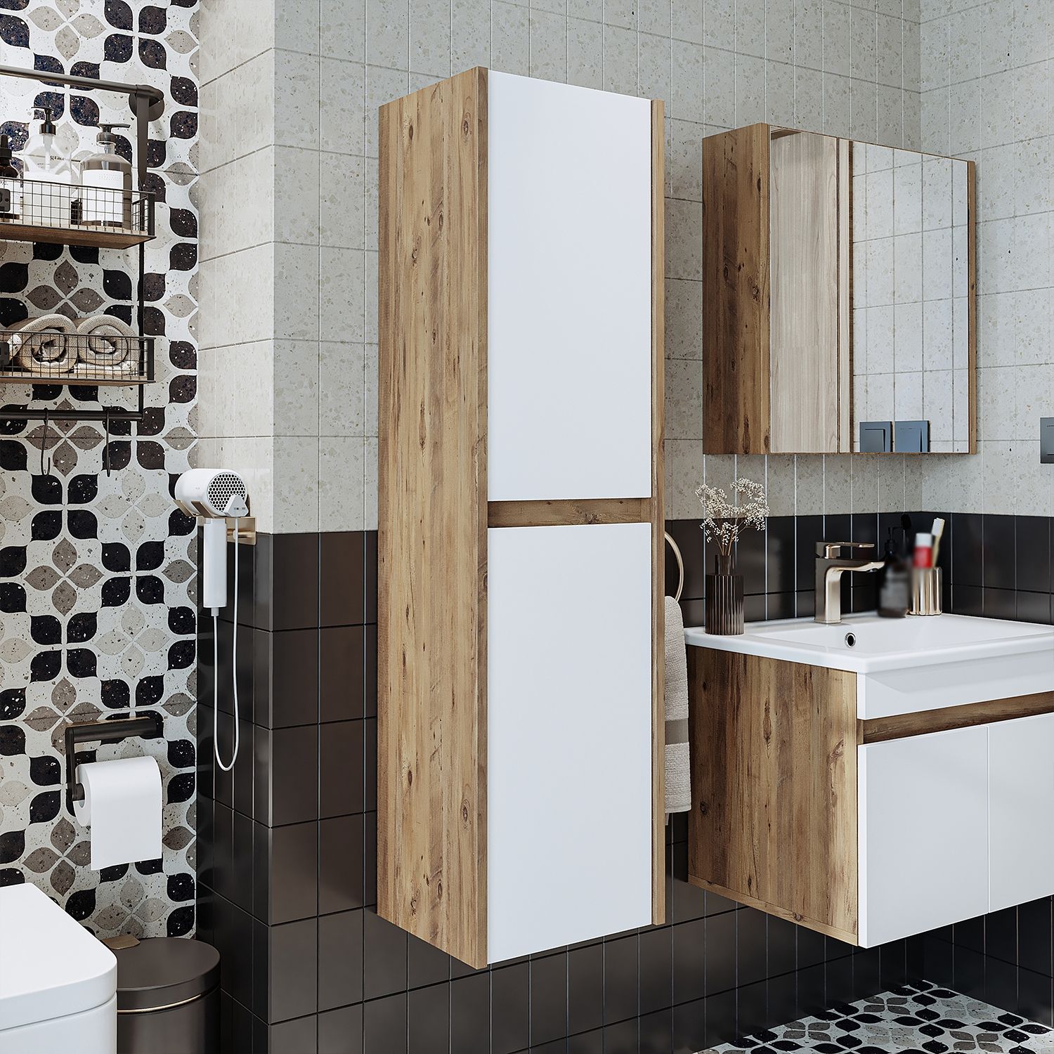Roomart ATRIA-65 Badmöbel - nur Hochschrank - H 115 x B 30 x T 35 cm • Weiß-Eiche Bild 1