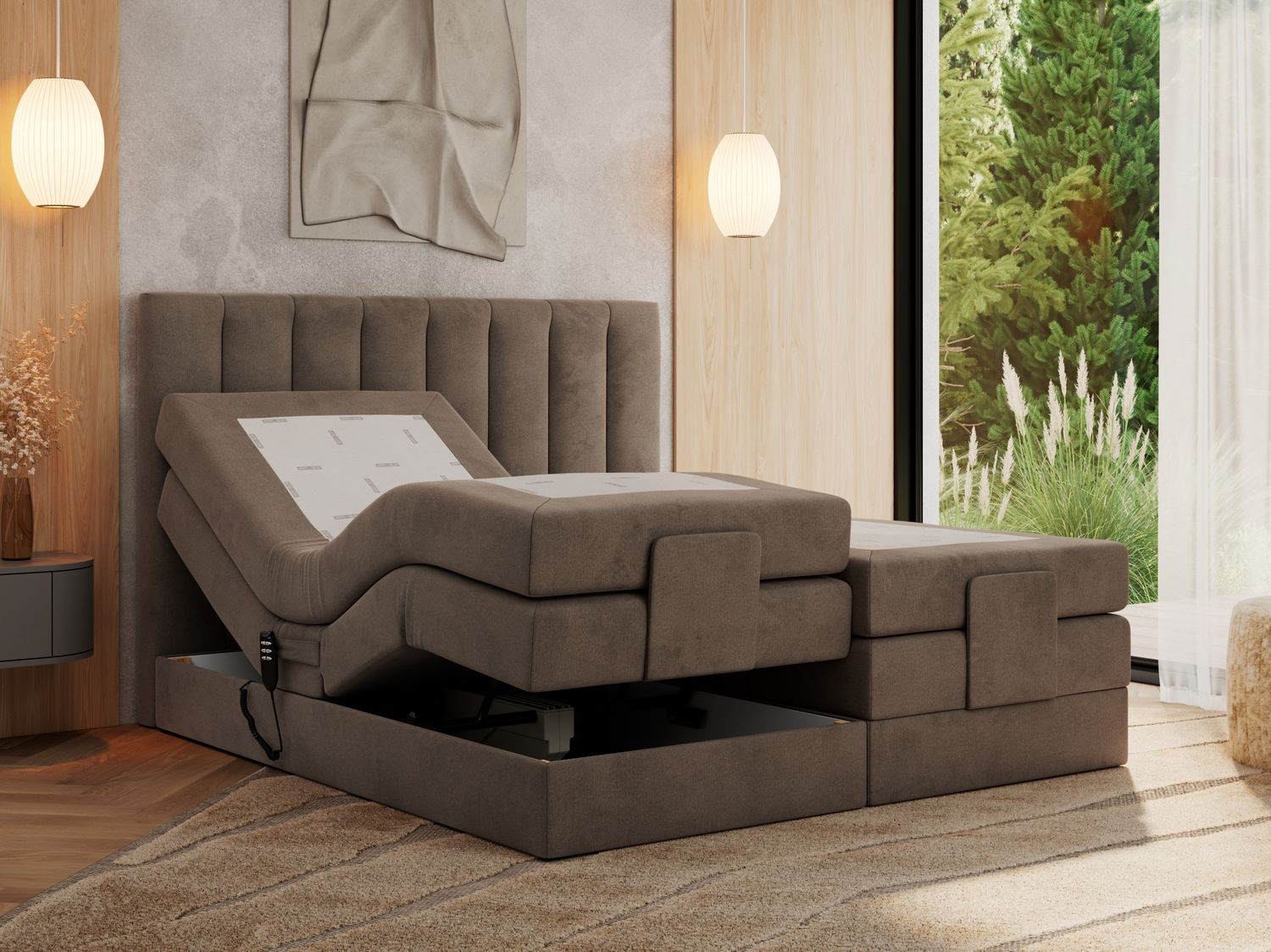 Boxspringbett mit elektrisch verstellbaren Matratzen, zwei Bettkästen und einem Topper - COMFORTO - 160 x 200 cm - Braun Velvet - H4 Bild 1