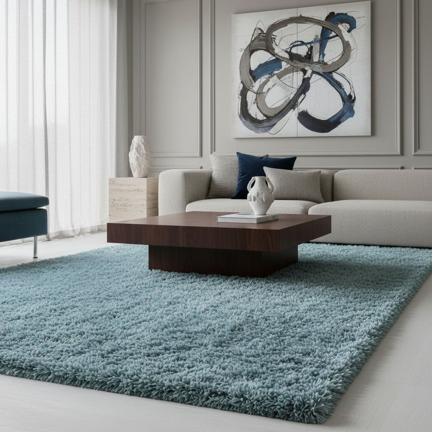 KADIMA DESIGN Teppich SALZACH Shaggy Langflor Wohnzimmer Schlafzimmer Waschbar Flauschig, Rund, Höhe: 52 mm, Blau, 80x80 cm, Wohnzimmerteppich Strapazierfähig Waschbar Bild 1
