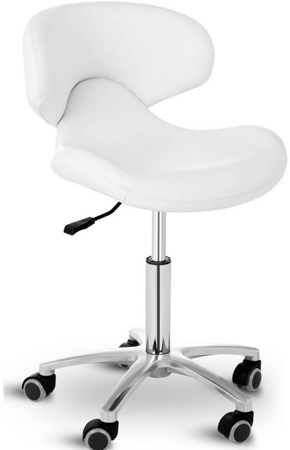 Physa Andria White Rollhocker mit Lehne Arbeitshocker mit Rollen höhenverstellbar Sitzhocker mit Rückenlehne (weiß, polierter Stahl, PVC-Bezug, 360° drehbare Rollen, Variable Sitzhöhe) Bild 1