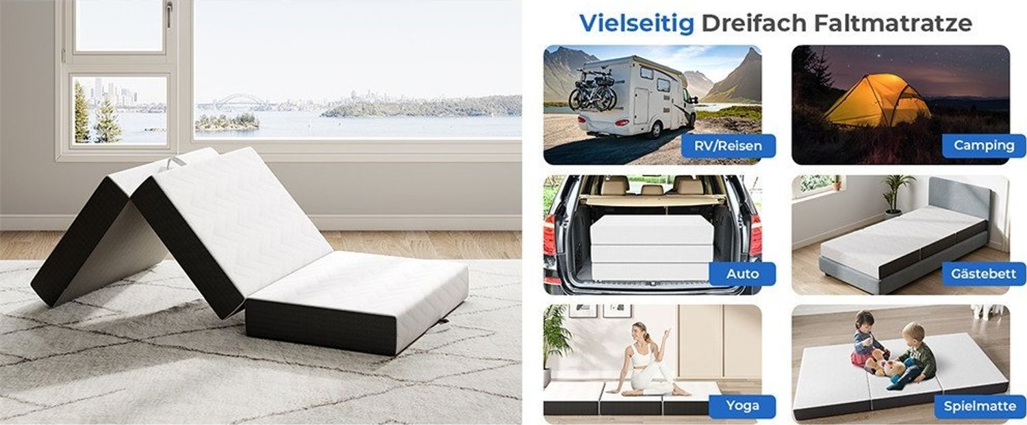 Klappmatratze Faltmatratze 15cm hoch, 10cm hoch Gel-Memory Schaummatratze in weiß, Vesgantti, Reisematratze mit waschbarem Bezug, mit zwei Griffe Bild 1
