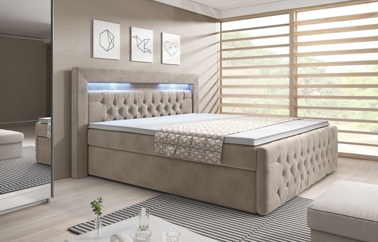 Ascona Boxspringbett mit LED-Beleuchtung, Bunt-LED, 200 x 200 cm, Matratze H3, Beige Bild 1