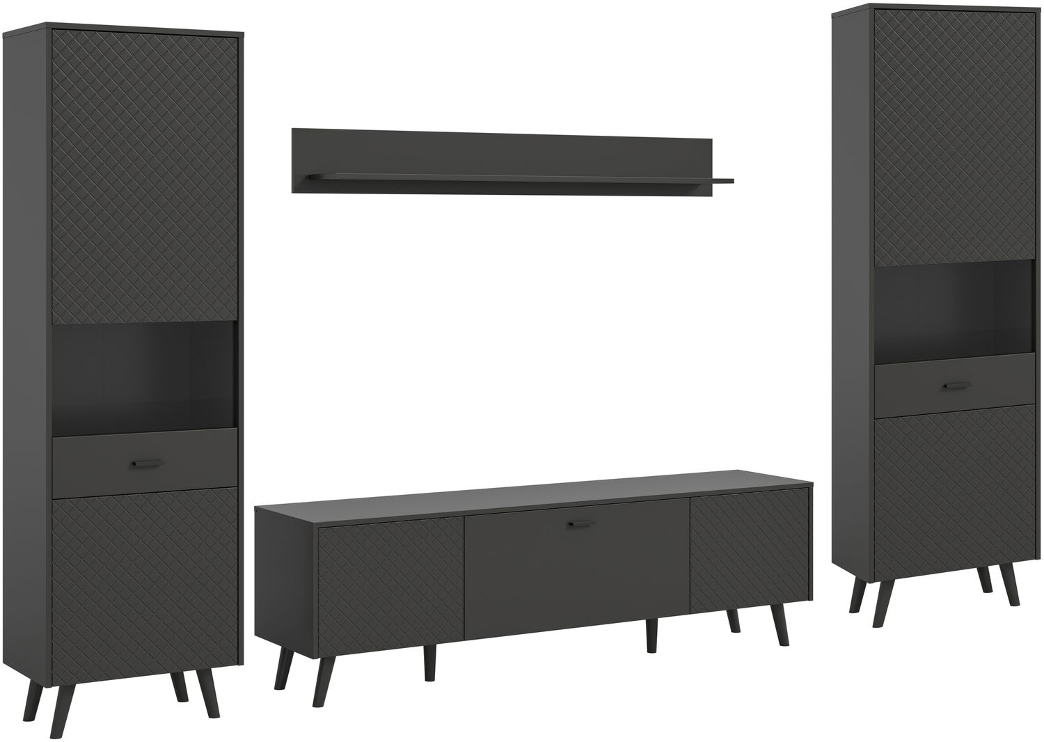 Wohnwand >Linea< (4-teilig) 2 Vitrinen, Lowboard, Wandboard, grau - 331x195x40cm BxHxT Bild 1