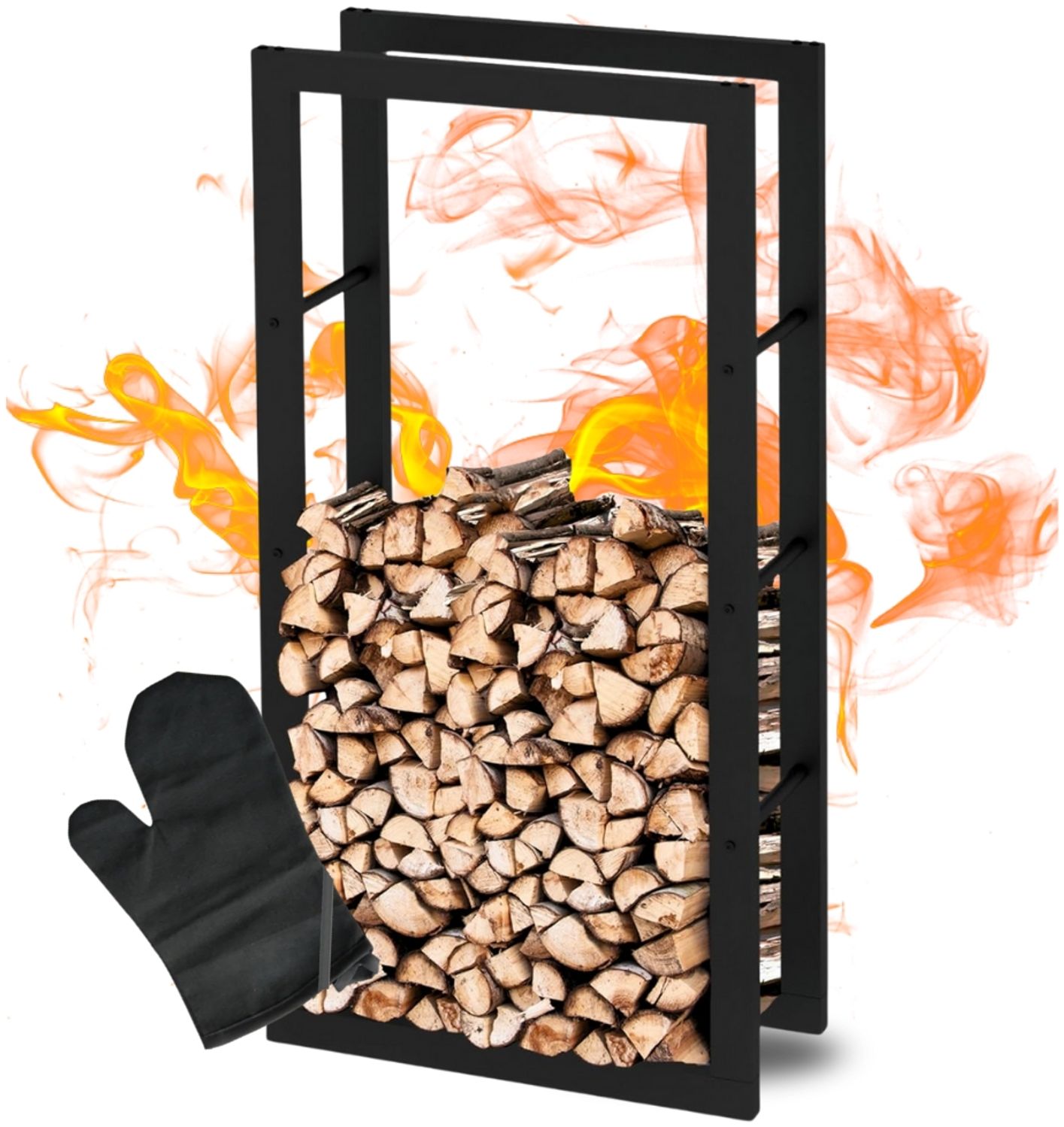 Kaminholzregal innen Metall KEOP | Schwarz | 60x25x125cm | Brennholzregal Inkl. Ofenhandschuh | Feuerholzregal Kaminholzhalter Holzständer Holzhalter Holzlager Bild 1