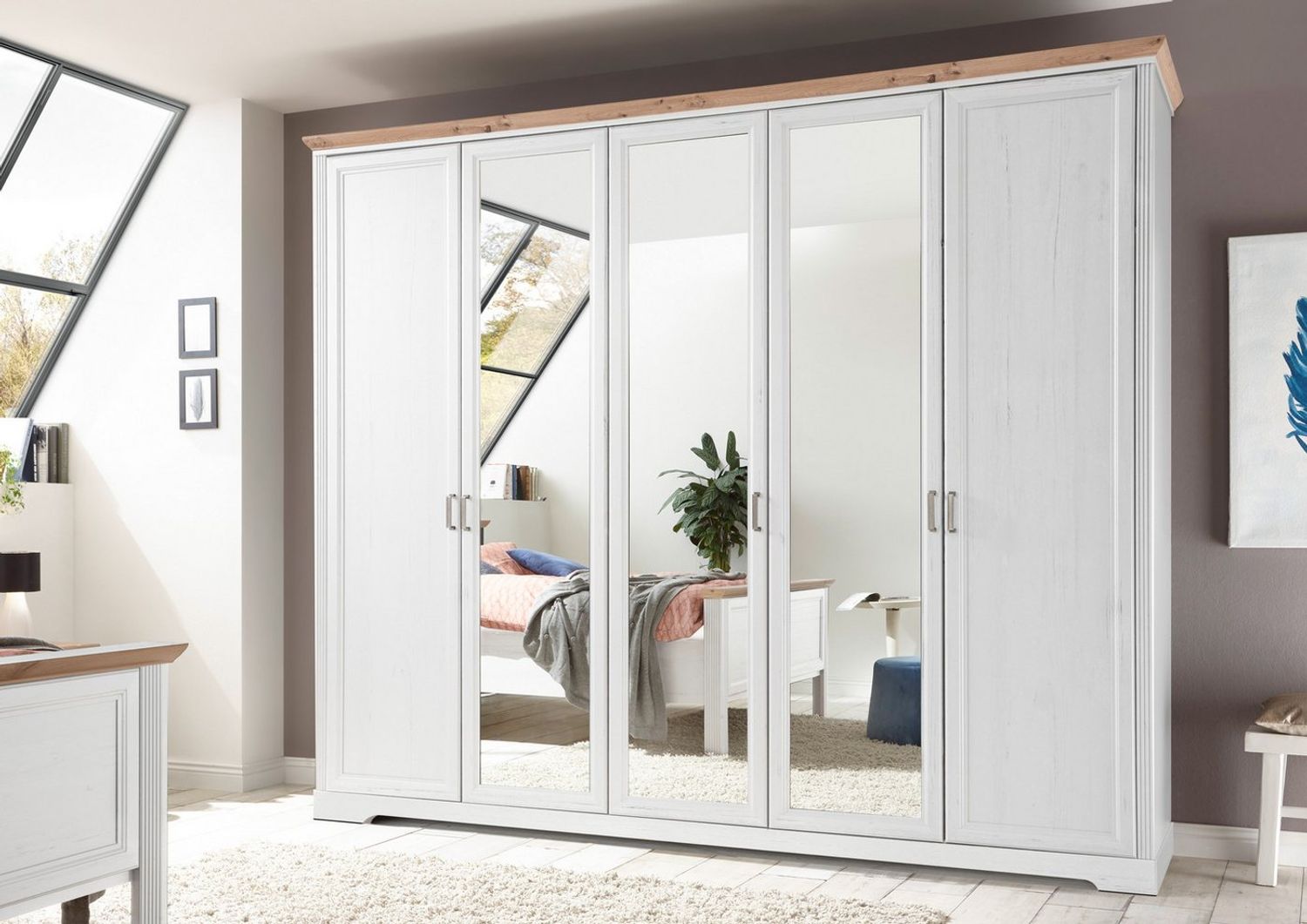 Kleiderschrank JASMIN 5 Türen mit Spiegel Pinie weiß Nachbildung Bild 1