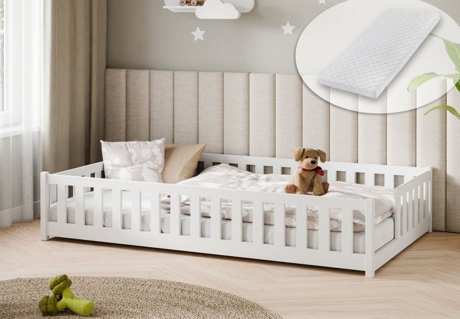Kids Collective Kinderbett Bodenbett mit Rausfallschutz & Lattenrost Montessori Betten Kinder (Verfügbare Größen: 80x160, 80x180, 90x190, 90x200, 120x200, 140x200 cm), Jugendbett Einzelbett Kiefer mit Matratze Weiß 120x200 cm Bild 1