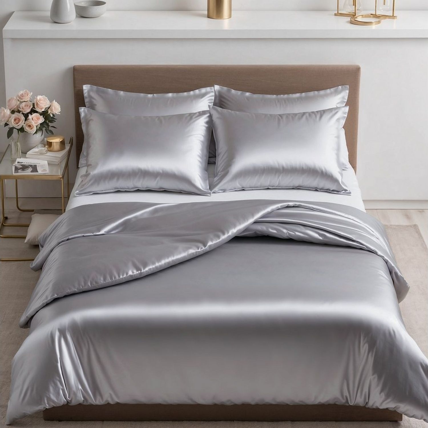 Cozyor Bettwäsche Satin glänzend 135x200, 155x200, 155x220, 200x200cm mit Reißverschluss, Satin, hellgrau Moonlight, 2 teilig, glänzend Satin, Bettbezug + Kissenbezug 40x80, besonders weich Bild 1