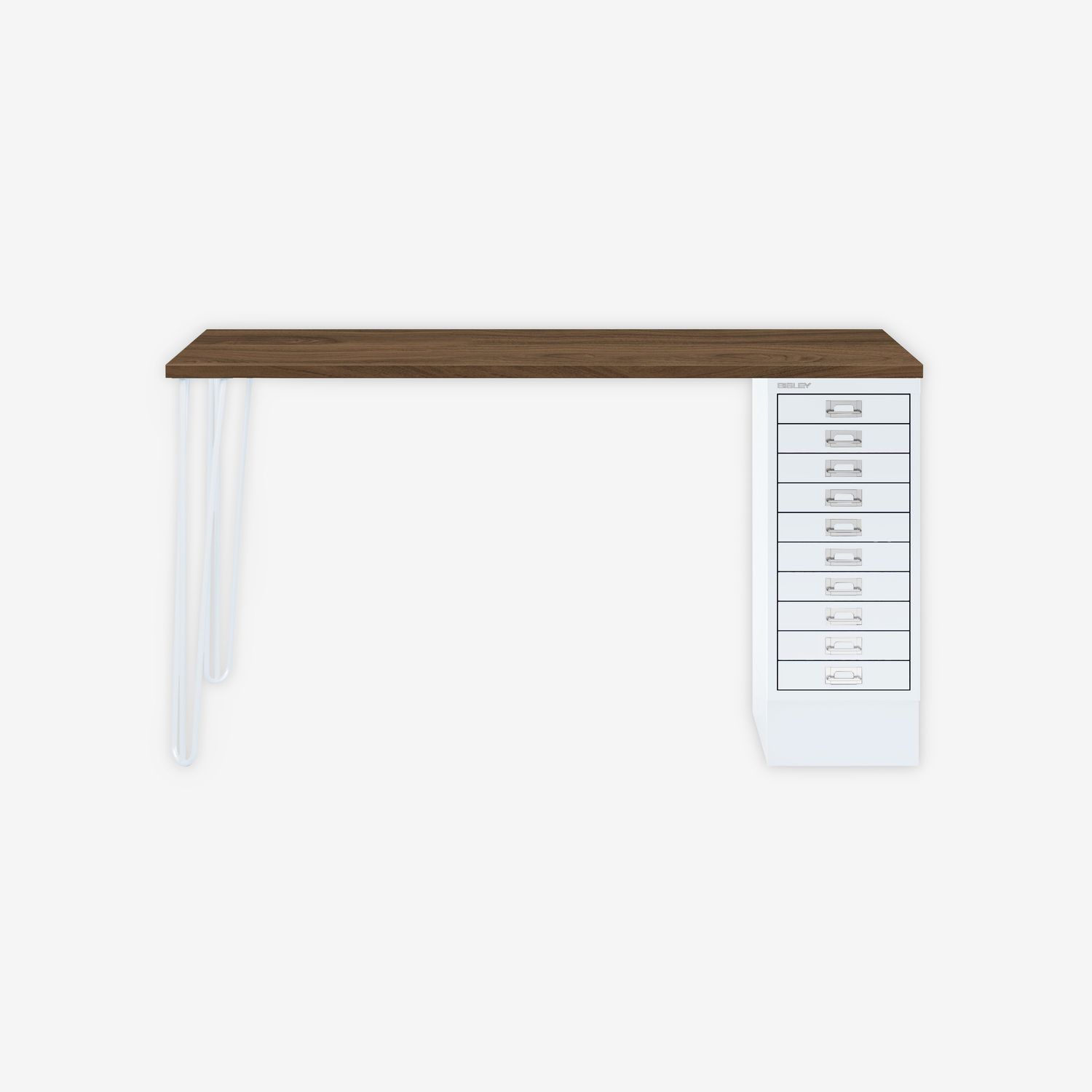 MultiDesk, 2 Stahlfüße, 1 MultiDrawer mit 10 Schüben, Dekor Nussbaum, Farbe Verkehrsweiß, Maße: H 740 x B 1400 x T 600 mm Bild 1