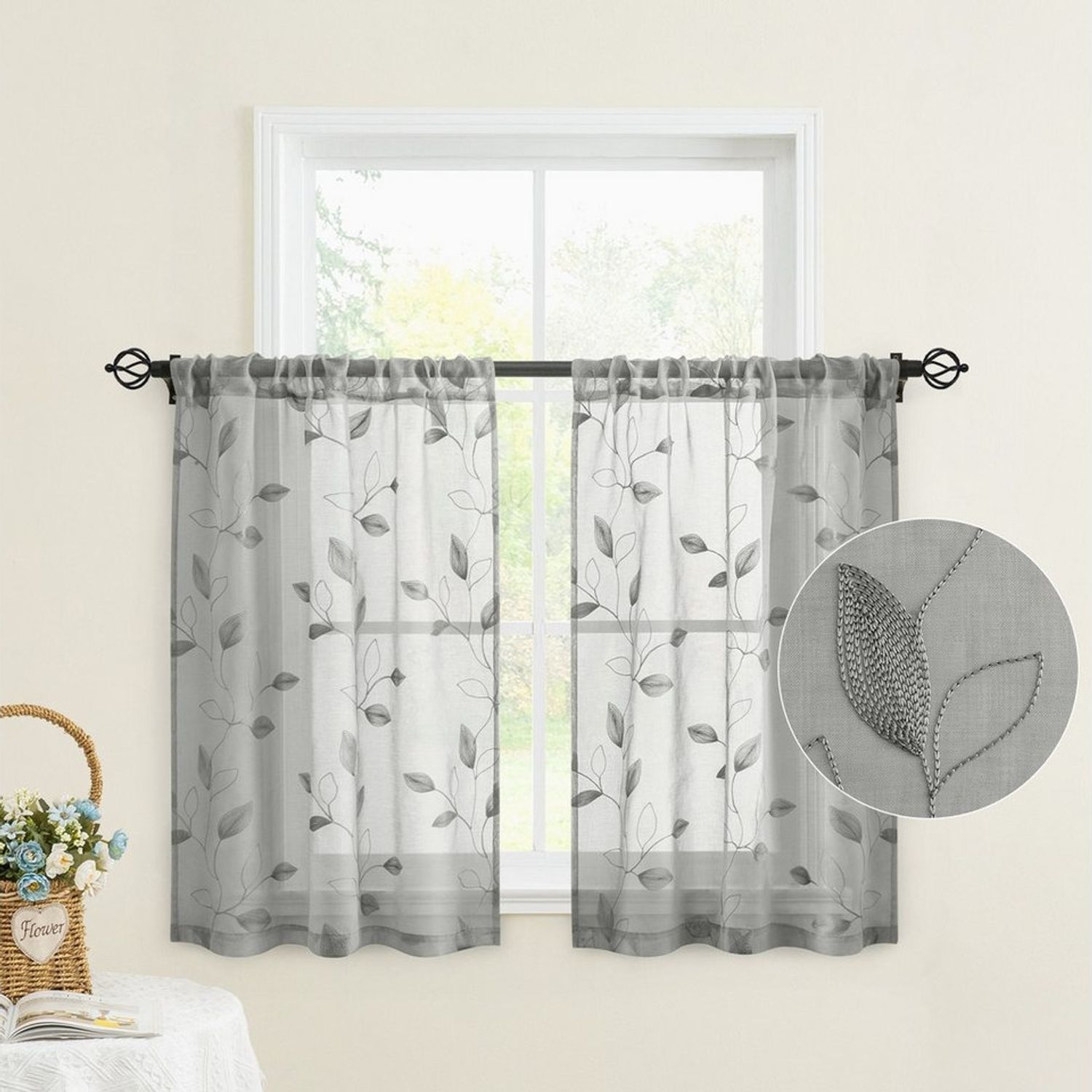 BYSURE Gardine Voile Scheibengardinen modern Wohnzimmer Bistrogardine für Küche, Bad (2 St), Stangendurchzug, transparent, Küchenvorhänge, besticktes Blattmuster, Vorhänge für kleine Fenster Bild 1