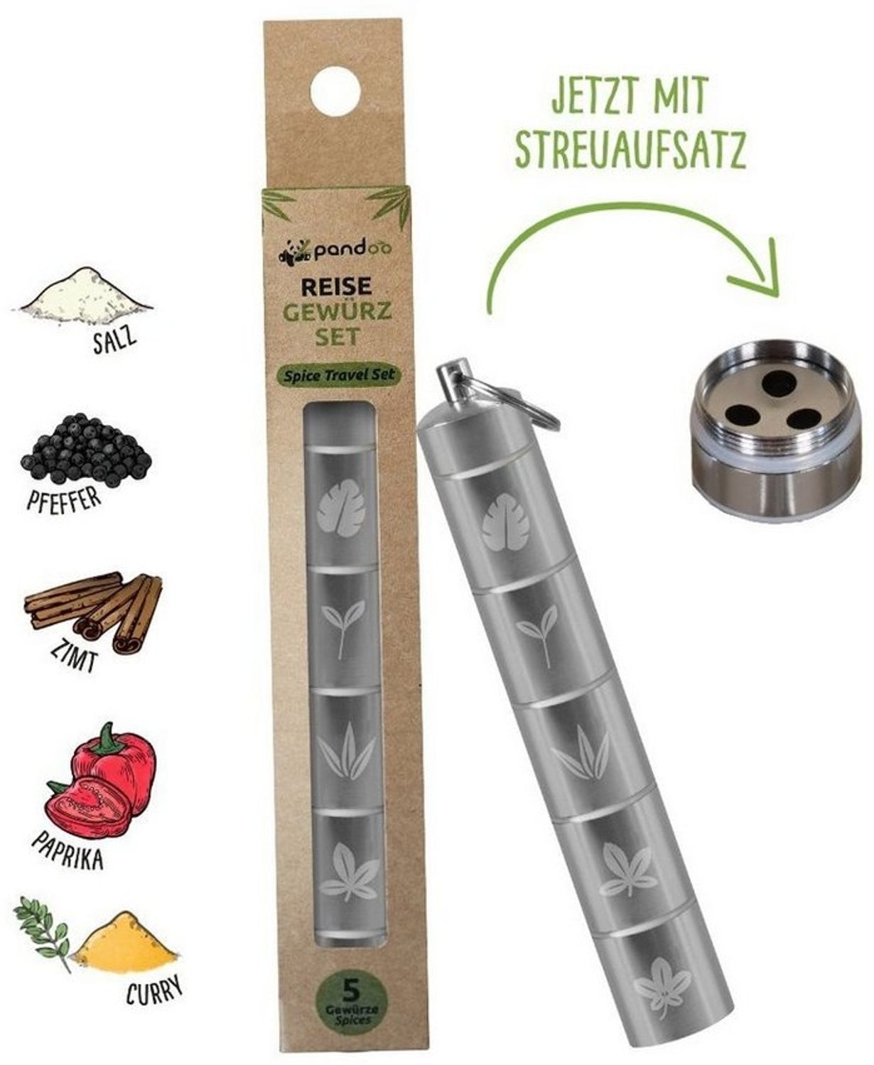pandoo Gewürzbehälter Reisegewürz Set, Aluminium, (5-tlg), Mini Reise Gewürzset mit 5 Gewürzfächern & Streuaufsatz Bild 1