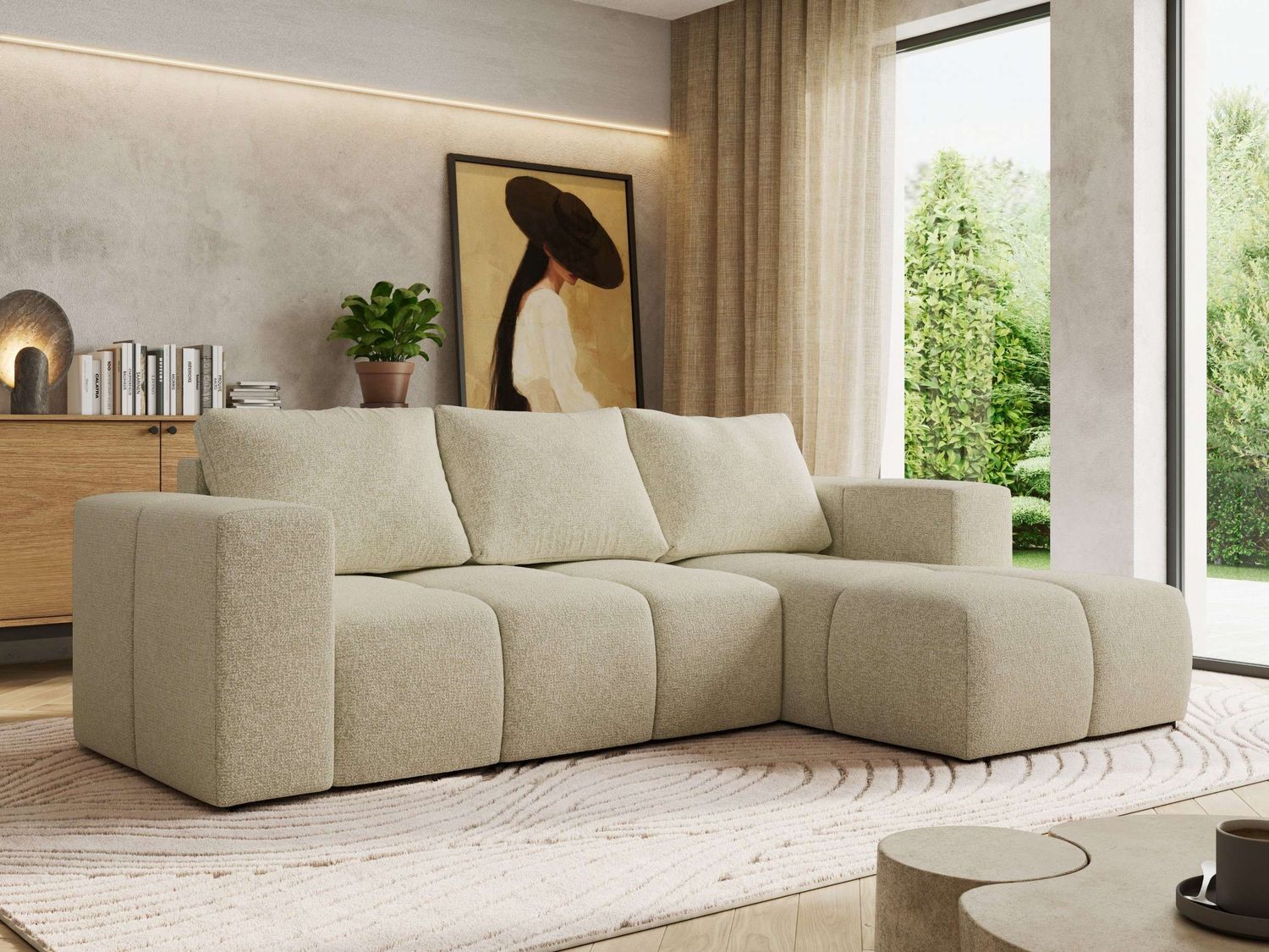 Ecksofa mit Schlaffunktion und Bettkasten, L-form Couch, lose Kissen, Polstersofa - MONIVA - Creme Struktur - rechte Seite Bild 1