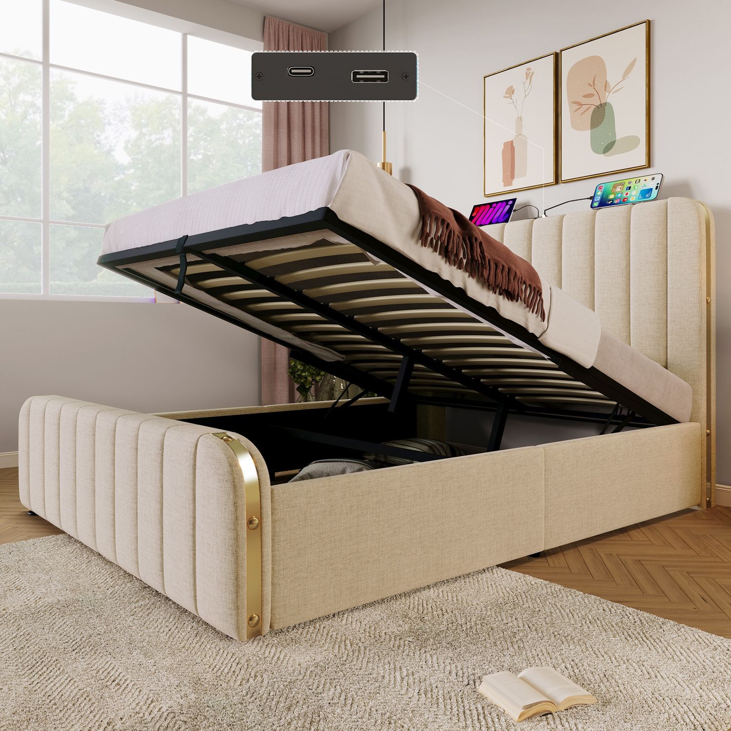 Polsterbett Doppeltes, gepolstertes Kopfteil mit goldenen Zierstreifen und ,USB Typ-C Ladefunktion 140*190 cm, Beige Leinen-Material Hydraulisches Lagerbett,Belastbarkeit 181 kg (Ohne Matratze) Bild 1
