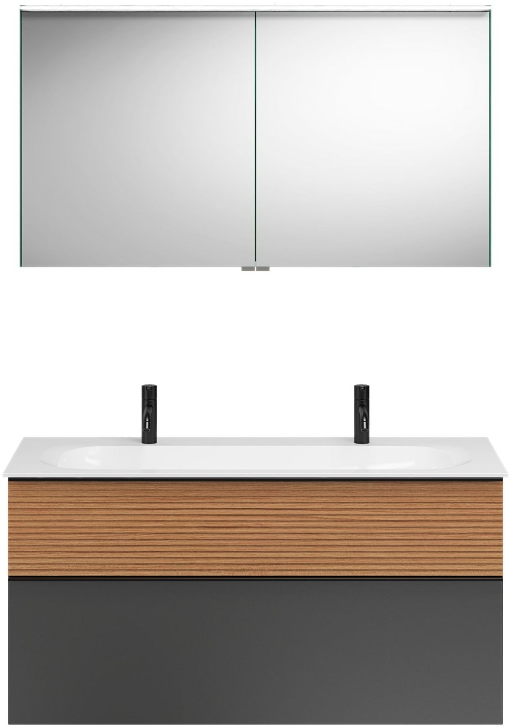 Burgbad FIUMO Waschtisch Set mit Spiegelschrank 122 cm breit, Braun/Anthrazit, Doppelwaschbecken Gussmarmor Weiß Bild 1
