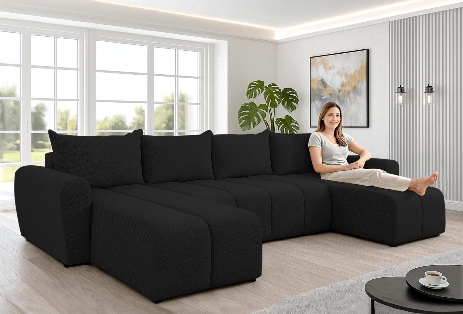 AX LIVING Ecksofas groß Ferrande 317 cm – Sofa schwarz mit Schlaffunktion & Struktur Bild 1