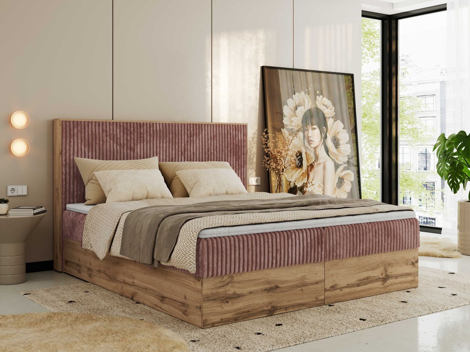 Doppelbett, Boxspringbett mit Bettkästen, Multipocket-Matratze und Topper, Set mit Kopfteil, Eiche Wotan Holzrahmen - WOOD CLASSIC - 180 x 200 cm - Rosa Cord - H4 Bild 1