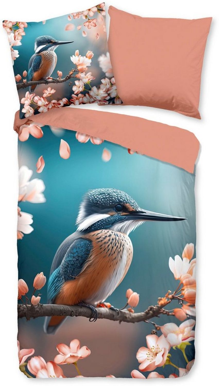 good morning Wendebettwäsche Monti, Renforcé, 2 teilig, 100% Baumwolle, Renforcé, Reißverschluss, Wendeoptik, Blumen, Eisvogel Bild 1