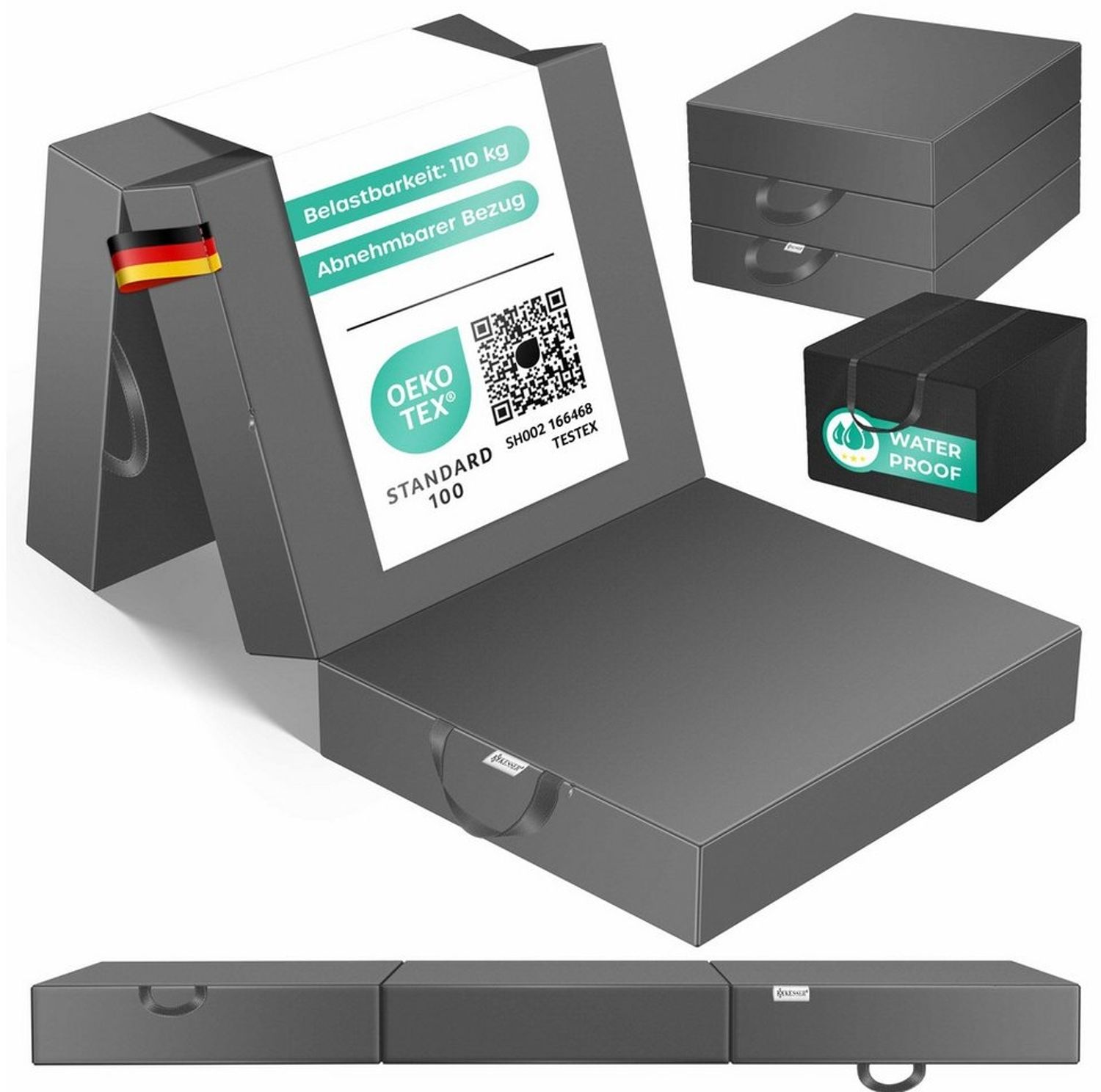 KESSER® Klappmatratze Gästematratze 3-fach Faltmatratze faltbar zum Sitzhocker | Schaumstoff 25kg/m³ extra dick 15cm atmungsaktiv waschbar abnehmbarer Bezug | Matratze inkl. Camping Tragetasche Anthrazit, 90 x 200 x 15 cm Bild 1