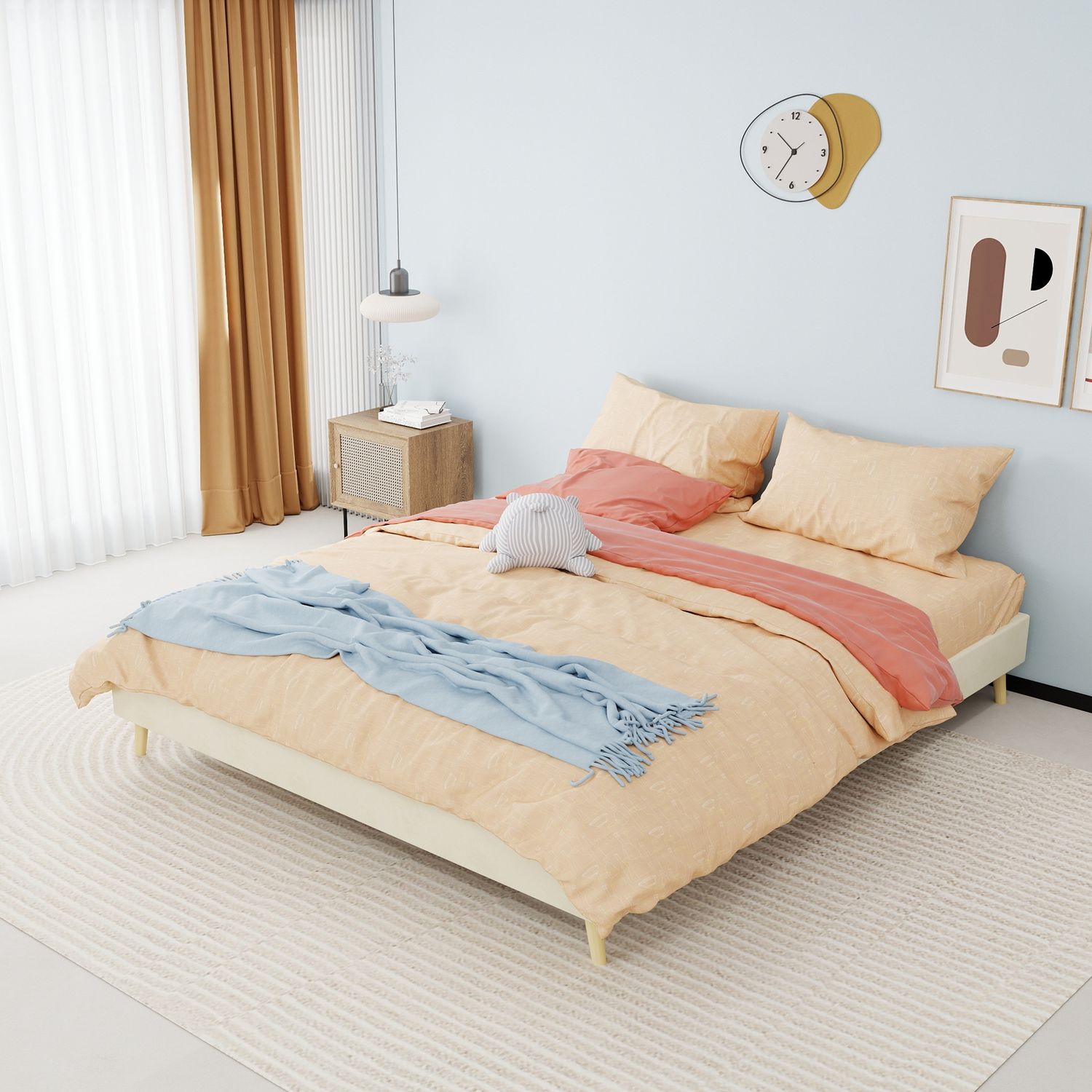 Modern Minimalist Bed Frame, 160x200 cm, Beige, Dutch Velvet Fabric, Low-Profile Base, Modern Style Bedroom Furniture. Excludes Gas Lift Mechanism, Headboard, and Mattress. Bild 1