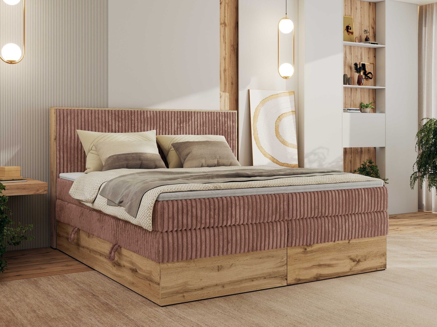 Boxspringbett, Set mit zwei Multipocket-Matratze und Topper, hohe Kopfteil, Eiche Wotan Holzrahmen - WOOD CLASSIC KING - 200 x 200 cm - Rosa Cord - H3 Bild 1