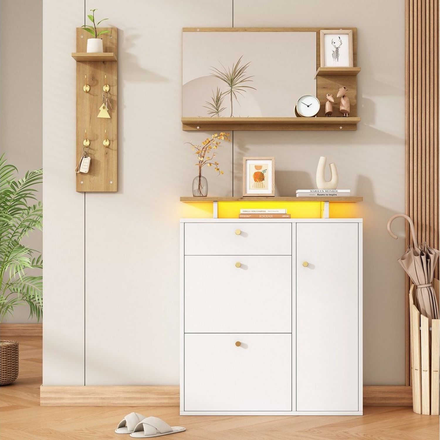 Flieks Garderoben-Set Schuhschrank mit LED, Wandregal mit Kleiderhaken, Spiegel mit Ablagen, (3-St), Flurmöbel-Set Weiß&Holzoptik, Schuhkommode mit Klappen und Schubladen Bild 1