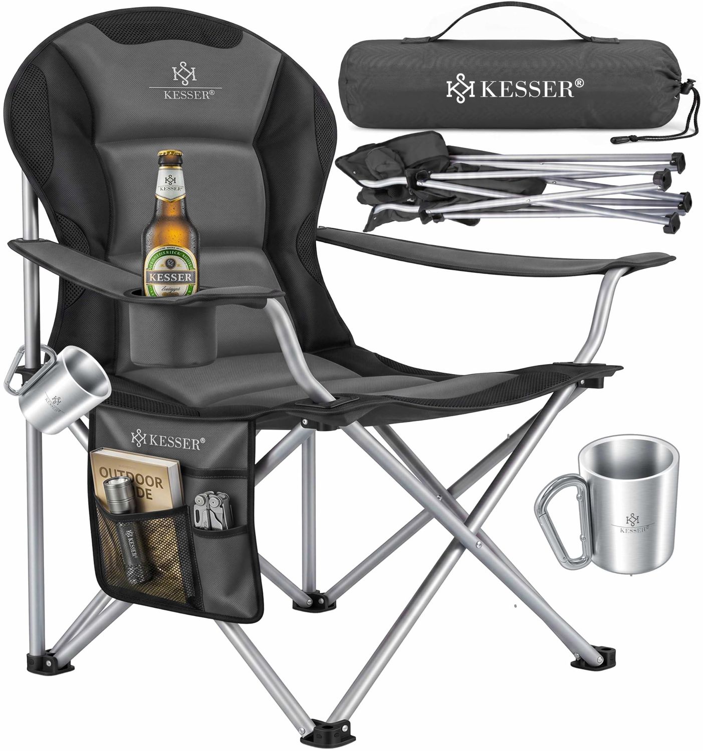 KESSER® Campingstuhl faltbar bis 150 kg Angelstuhl Faltstuhl Klappstuhl Gepolstert mit Armlehnen, Getränkehalter + Tasche mit hoher Rückenlehne, Strandstuhl, Klapphocker Khaki / Schwarz Bild 1