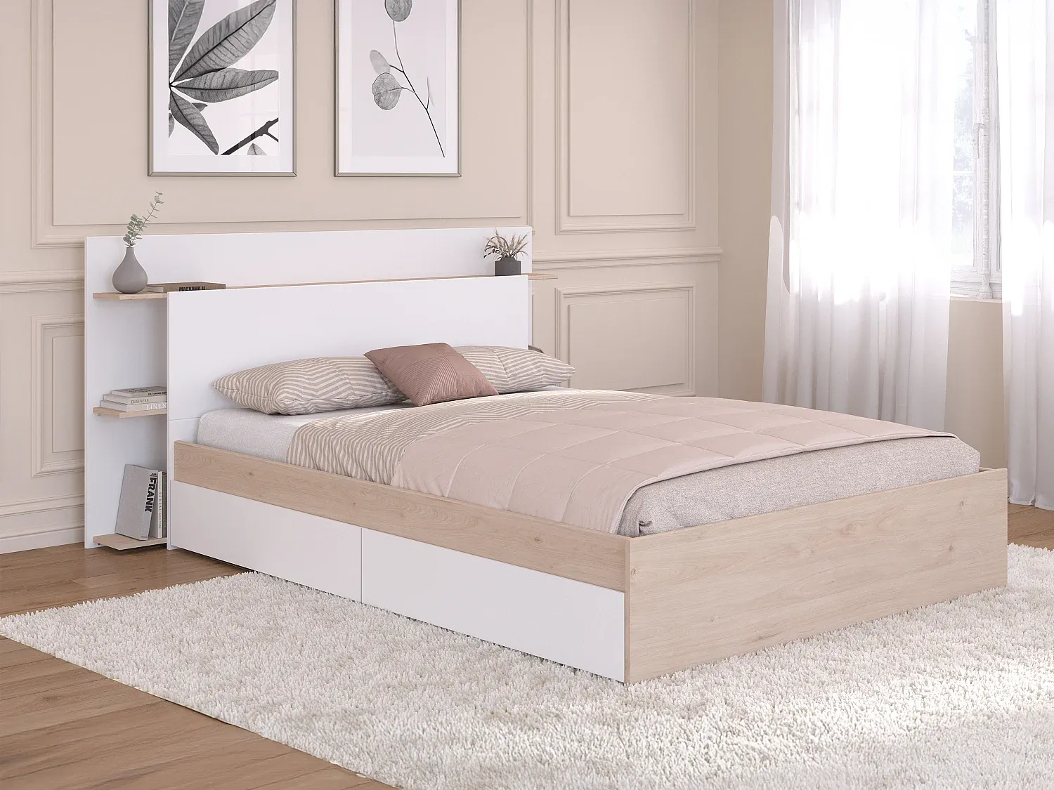 Vente-unique - TILONIDE Bett Holz, Platte BeigeWeiß - B 221,5 cm x H 96,6 cm x L 184 cm Bild 1