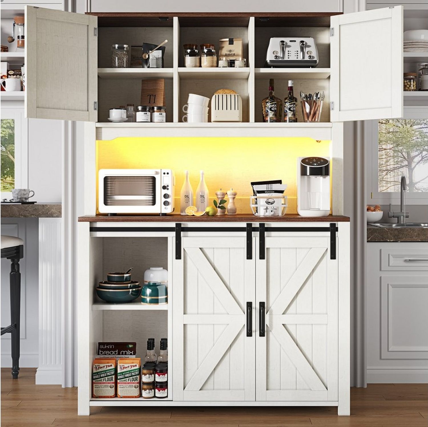 Flieks Küchenbuffet mit LED-Beleuchtung, 2 Schubladen und Schiebetüren (115×40×174,7 cm, 1-St) Hoschschrank Küchenschrank Buffetschrank mit verstellbare Ablagen Bild 1