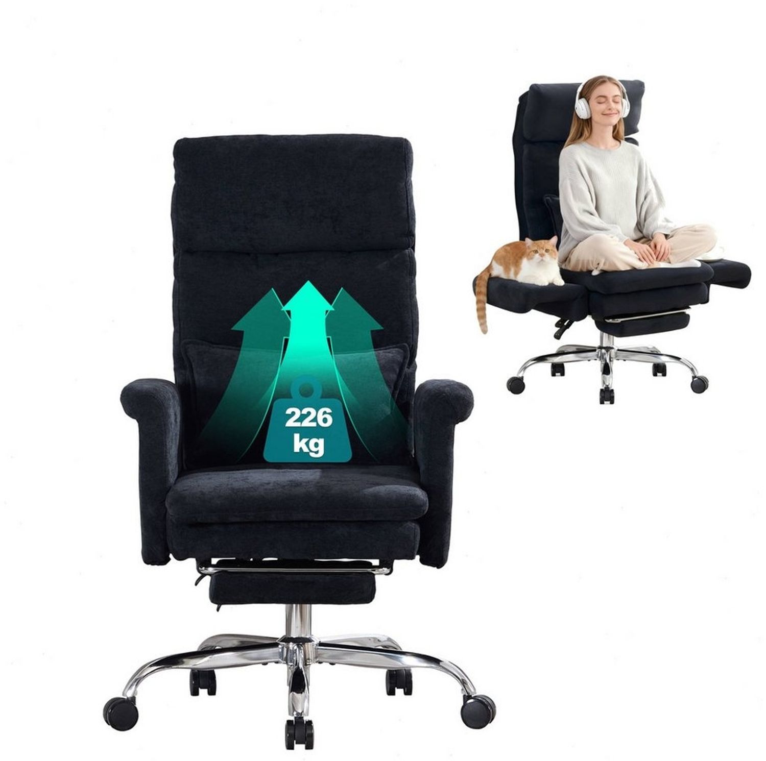 UEV Bürostuhl Ergonomisch mit Fußstütze Verstellbarer Kopfstütze (mit klappbare Armlehnen, verstellbarer Kopfstütze bis 226kg), Verstellbare Kopfstütze bis 90°, Verstellbare Rückenlehne bis 150° Bild 1