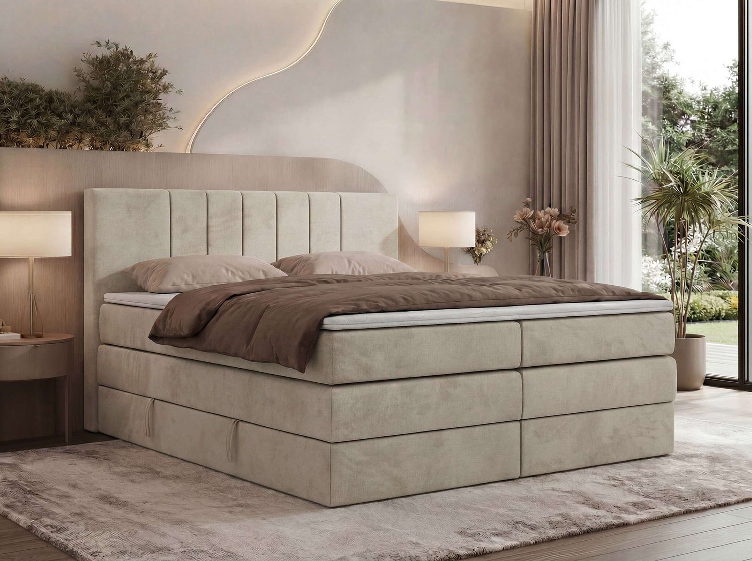 Boxspringbett INERO KING, 7 -Zonen-Multipocket-Matratze H4 und Topper T25, zwei Bettkästen, Doppelbett, Stauraum - 200x200 - Beige Velvet Bild 1