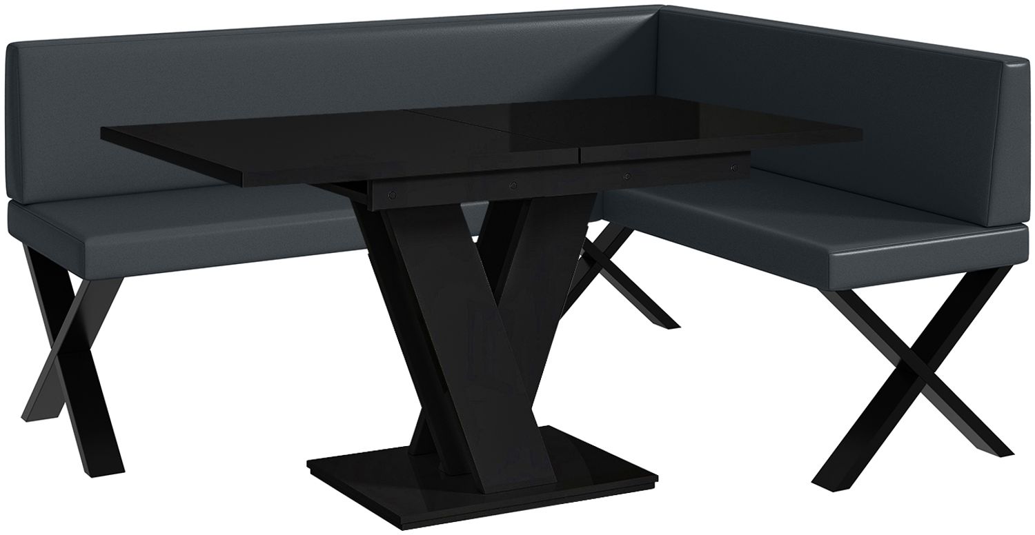 MEBLINI Eckbank für Esszimmer mit ausziehbarem Tisch - Küchenbank - Essecke - Sitzecke Küche - TONI - X-Beine 128x168x87cm Rechts - Dunkelgrau Kunstleder/M Schwarz Hochgl. Bild 1