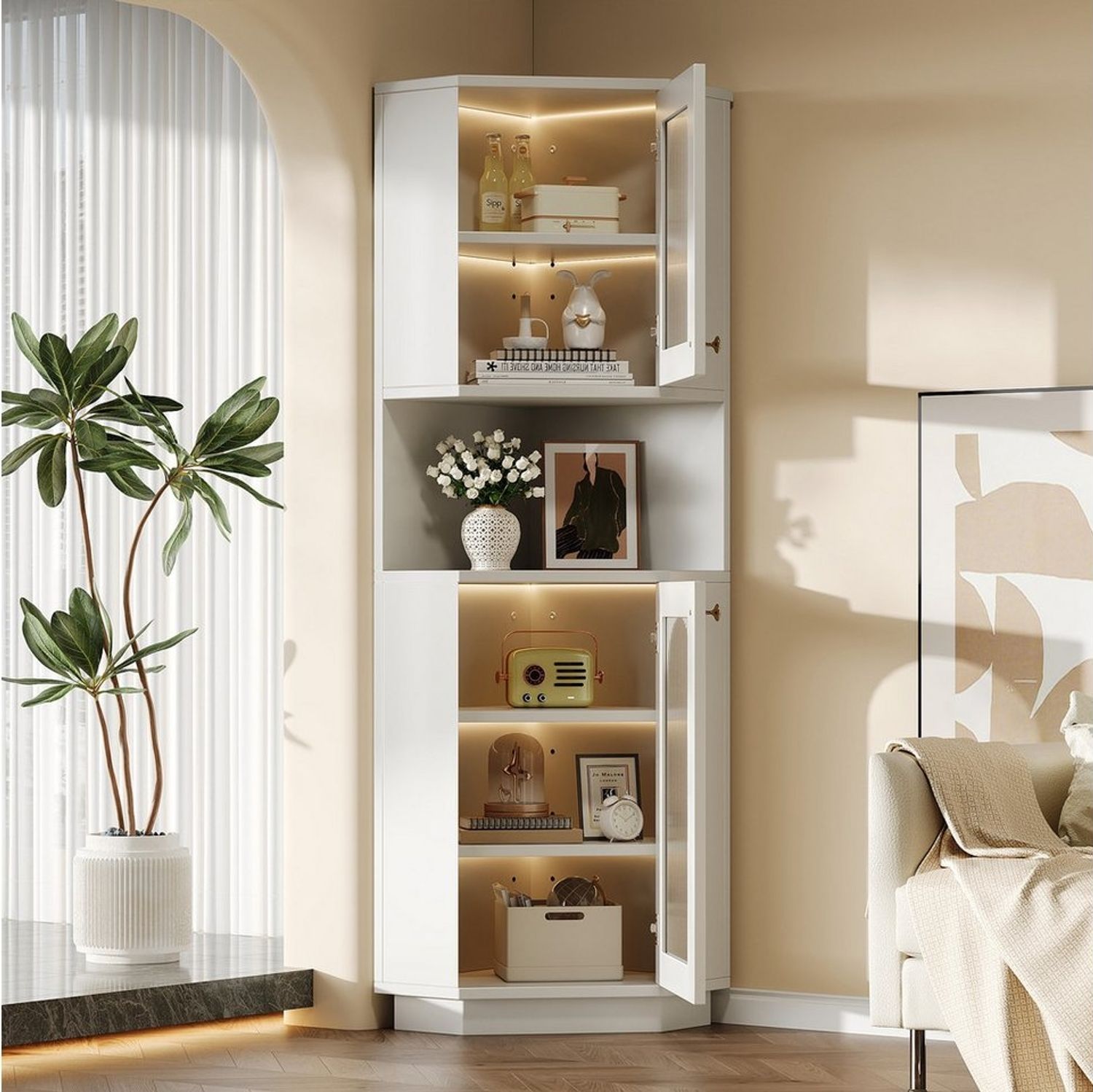 Flieks Badkommode Eckschrank mit LED-Beleuchtung Hochschrank (1 St, mit verstellbaren Einlegeböden, B45/H166,5 cm), Dreieckiger Badezimmerschrank mit 2 Glastüren und 6 Fächern Bild 1