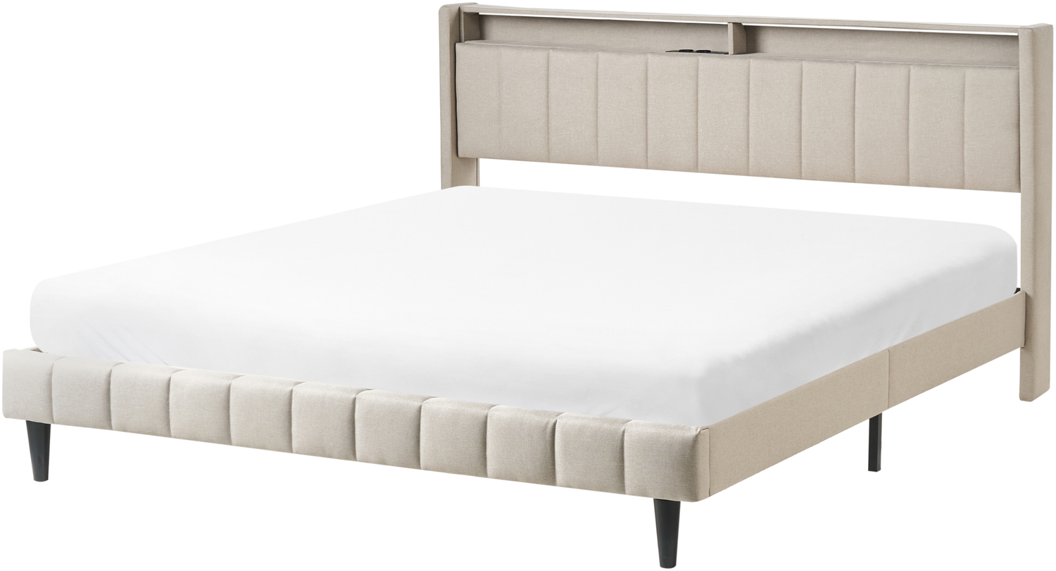 Bett mit LED Stoff BEAULIEU 180 x 200 cm mit Stauraum mit USB-Anschluss Beige Bild 1