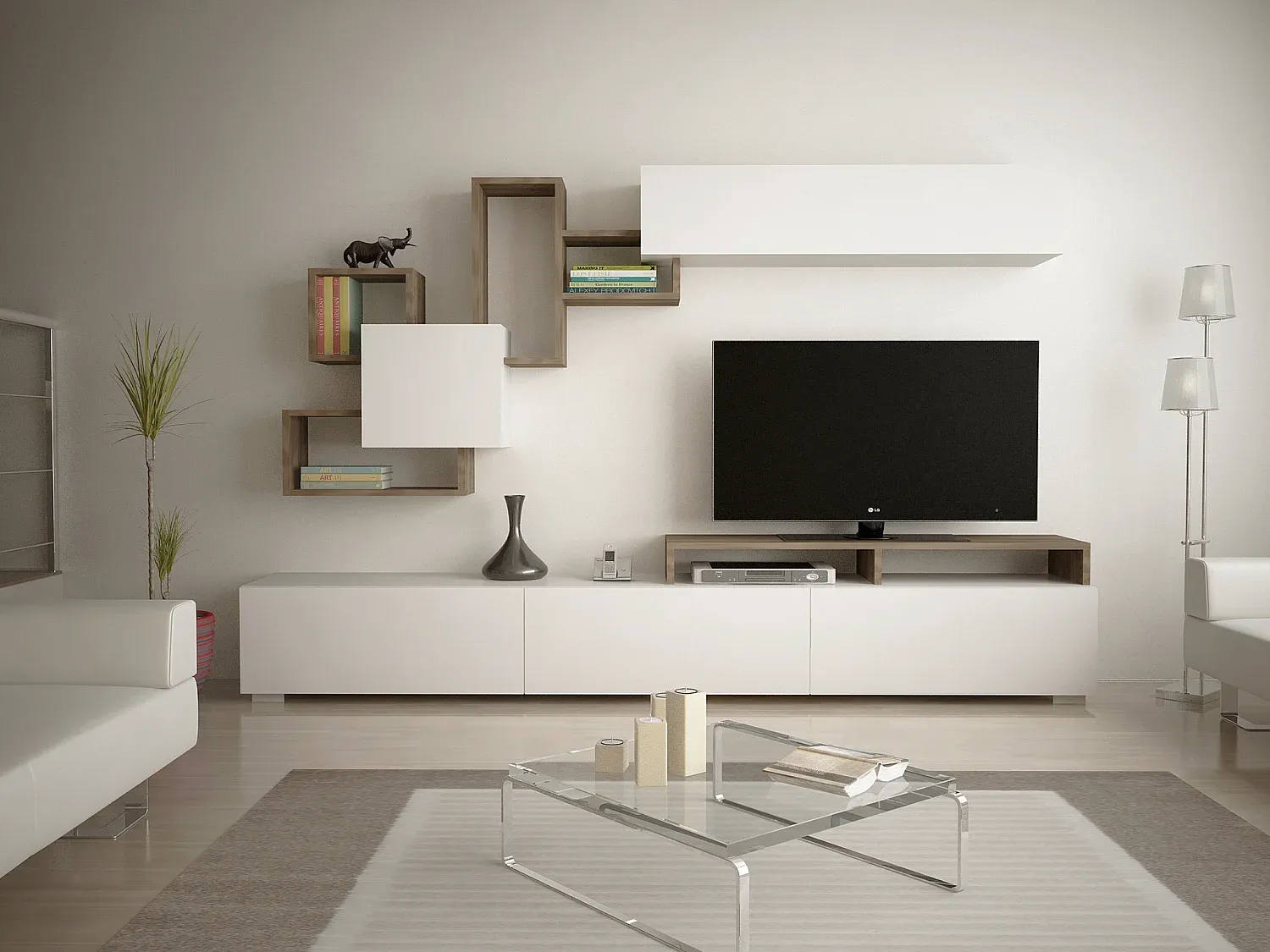 Vente-unique - TALOLI TV unit Holz, Platte BeigeWeiß - B 36,8 cm x H 46,8 cm x L 210 cm Bild 1
