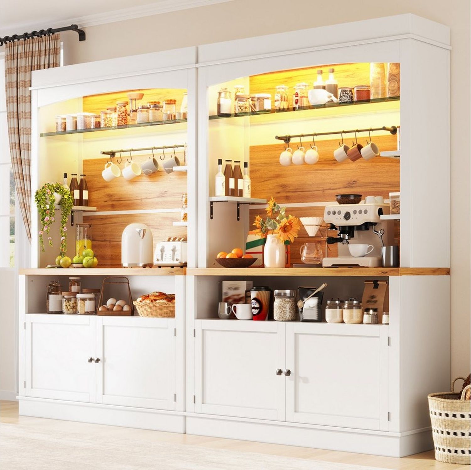 Flieks Küchenbuffet mit LED-Beleuchtung, Gläserhalter und Ablagen (Set, 2-St, 107 x 43 x 184 cm) Hochschrank Küchenschrank Buffetschrank mit Stauraum Weiß Bild 1