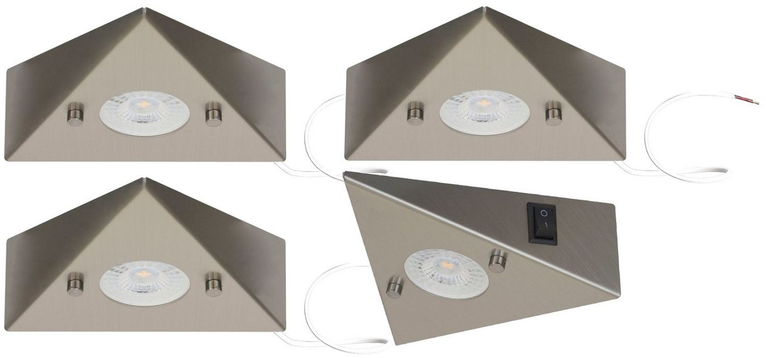 TRANGO LED Unterbauleuchte, 4er Set 6739-42 LED-Küchenunterbauleuchte *COOK* LED Einbauleuchte - Einbaustrahler aus Edelstahl inkl. 4x 4.8 Watt LED Modul 3000K warmweiß - direkt 230 Volt - beliebig erweiterbar, Schalter - Dreieckleuchte – Schrankleuchte Bild 1