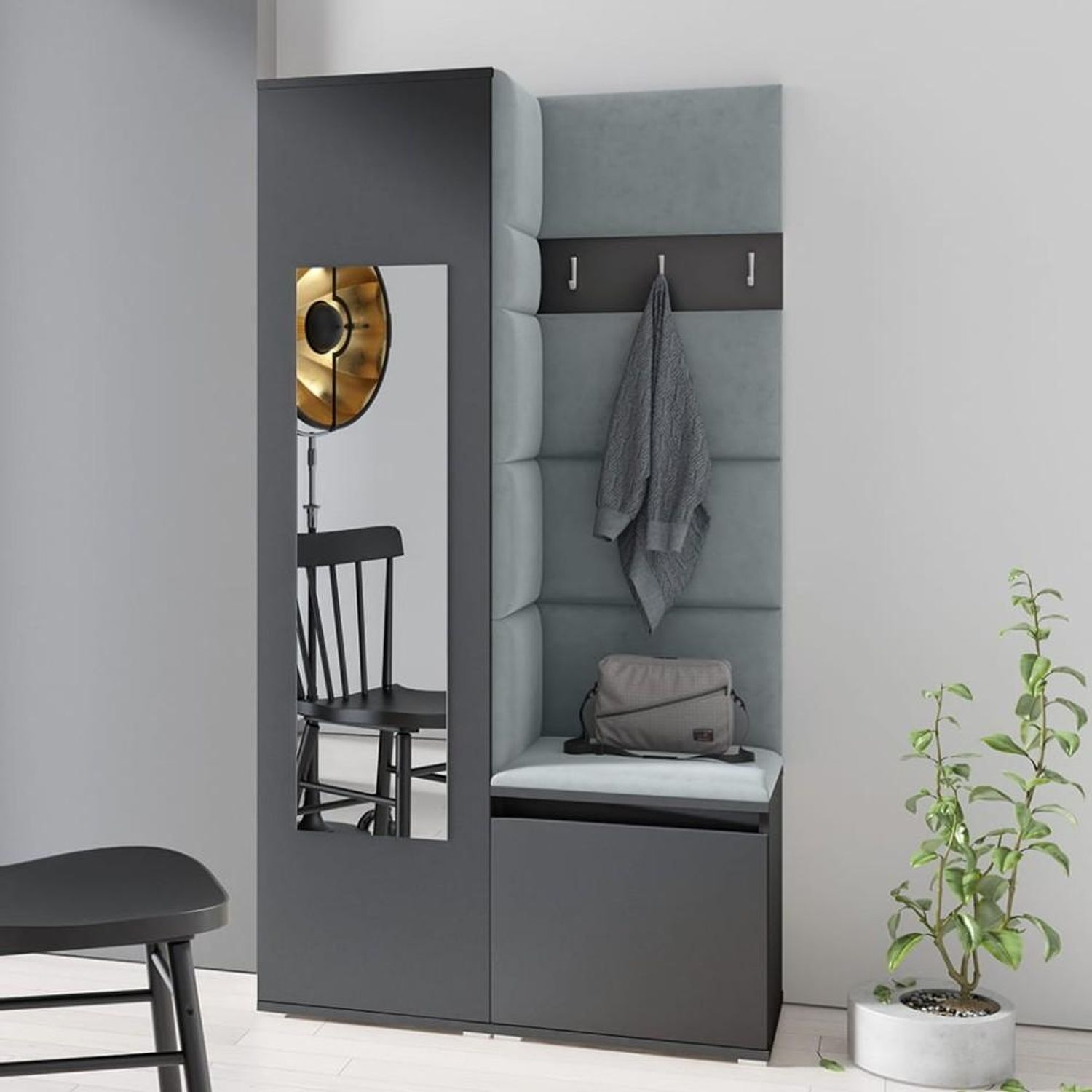 Garderoben-Set Iga, Moderner Kleiderschrank mit Polsterplatten und Schuhschrank – Ideal für Flur und Eingangsbereich (Graphit, Trinity 14), 185 x 40 x 95 cm Bild 1